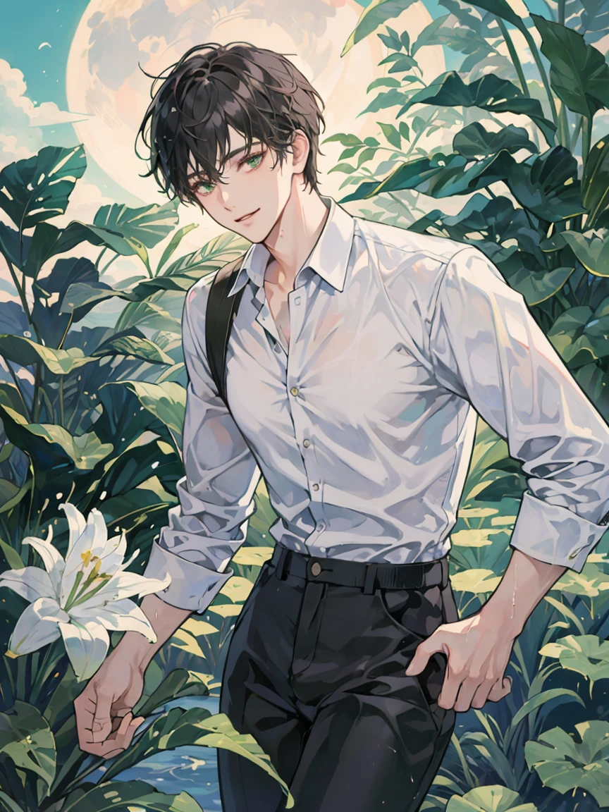 ((masterpiece,best quality)), 1 male, adult, handsome,full_moon, leaf, moon, plant, potted_plant, bamboo, 1guy, handsome man, palm_tree, water, tanabata, branch, barefoot, night, lily_pad, tanzaku, soaking_feet, vines, solo, outdoors, tree, very short black hair, wet, flower, smile, ivy, green_eyes, pants, lily_of_the_valley, sky, looking_at_viewer, palm_leaf, casual clothes, ((masterpiece,best quality)), beautiful detailed eyes, beautiful detailed face, white shirt, white pants