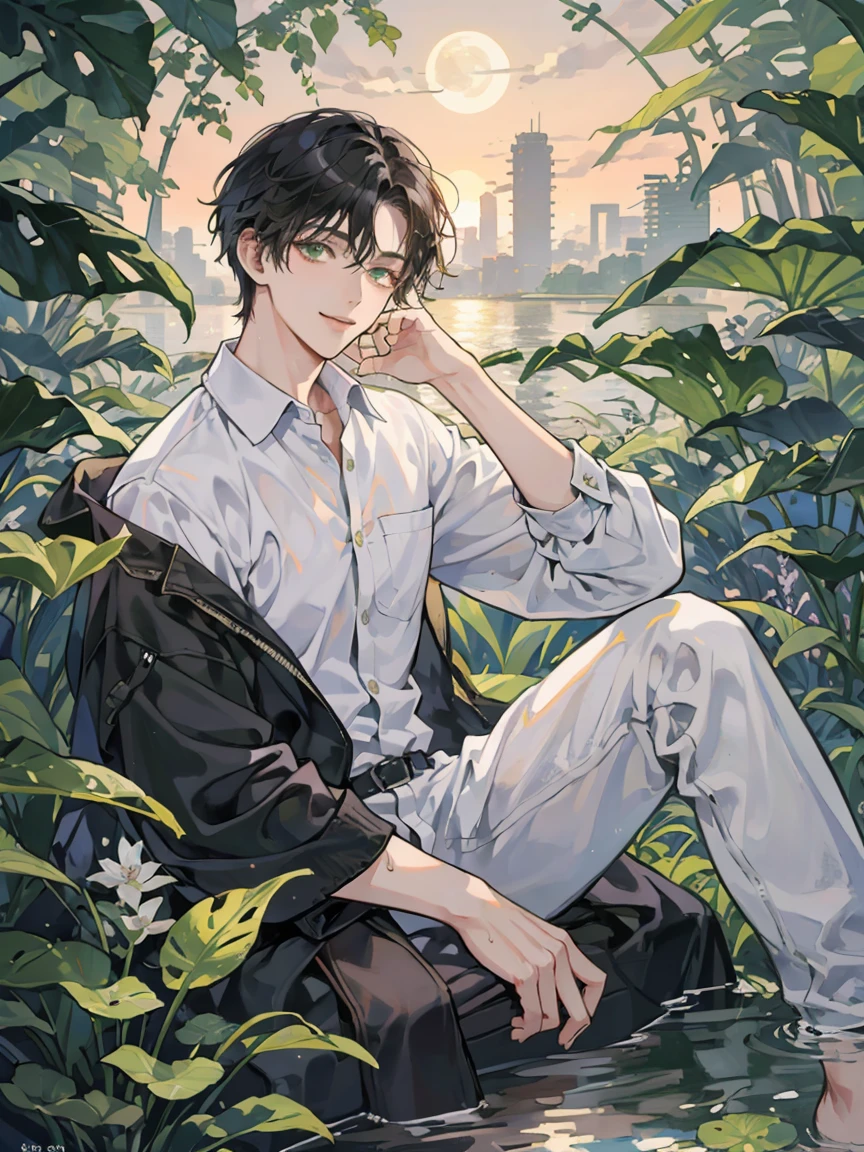 ((masterpiece,best quality)), 1 male, adult, handsome,full_moon, leaf, moon, plant, potted_plant, bamboo, 1guy, handsome man, palm_tree, water, tanabata, branch, barefoot, night, lily_pad, tanzaku, soaking_feet, vines, solo, outdoors, tree, very short black hair, wet, flower, smile, ivy, green_eyes, pants, lily_of_the_valley, sky, looking_at_viewer, palm_leaf, casual clothes, ((masterpiece,best quality)), beautiful detailed eyes, beautiful detailed face, white shirt, white pants

