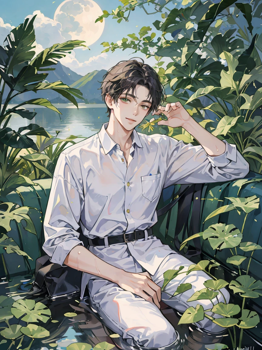 ((masterpiece,best quality)), 1 male, adult, handsome,full_moon, leaf, moon, plant, potted_plant, bamboo, 1guy, handsome man, palm_tree, water, tanabata, branch, barefoot, night, lily_pad, tanzaku, soaking_feet, vines, solo, outdoors, tree, very short black hair, wet, flower, smile, ivy, green_eyes, pants, lily_of_the_valley, sky, looking_at_viewer, palm_leaf, casual clothes, ((masterpiece,best quality)), beautiful detailed eyes, beautiful detailed face, white shirt, white pants