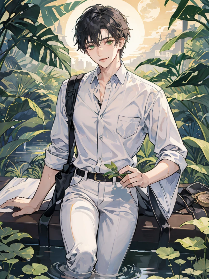 ((masterpiece,best quality)), 1 male, adult, handsome,full_moon, leaf, moon, plant, potted_plant, bamboo, 1guy, handsome man, palm_tree, water, tanabata, branch, barefoot, night, lily_pad, tanzaku, soaking_feet, vines, solo, outdoors, tree, very short black hair, wet, flower, smile, ivy, green_eyes, pants, lily_of_the_valley, sky, looking_at_viewer, palm_leaf, casual clothes, ((masterpiece,best quality)), beautiful detailed eyes, beautiful detailed face, white shirt, white pants