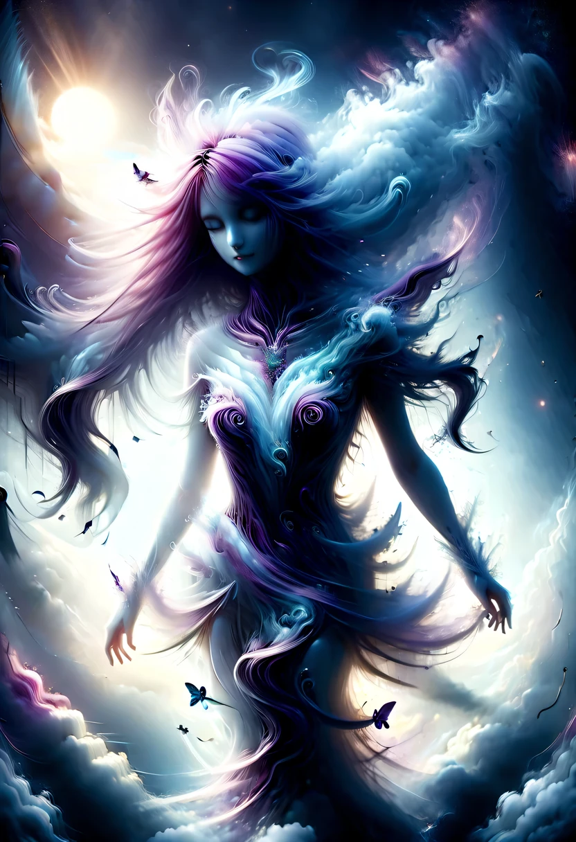(Very detailed, best quality), floating, Extremely exquisite and beautiful dream scenes,, , [(1 girl),(long purple hair), Detailed face, neck strap, Elegant Blue Dress, Standing in the clouds, (Wide-angle lens), (mysterious atmosphere):1.5],, , [(butterfly wings),(Furry cat),(bouquet),(fairy tale), (Sunlight),(soft light),(pastel colors),(flash):0.8]
