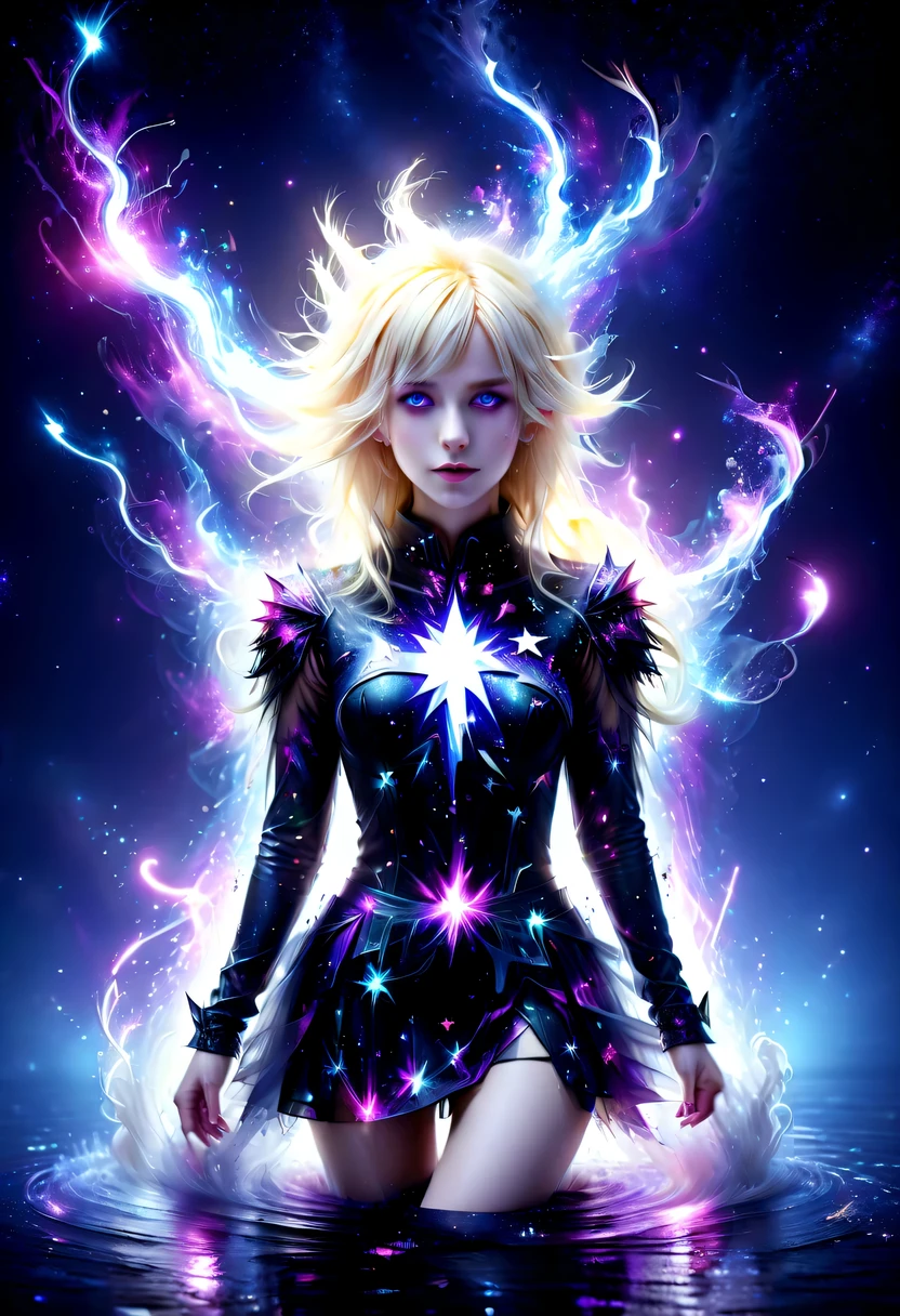 hyper detailed masterpiece, Dynamic, high quality,Dark magic，Magical girl made of colorful stars，Lightning magic，Starlight skirt，blond，water splash