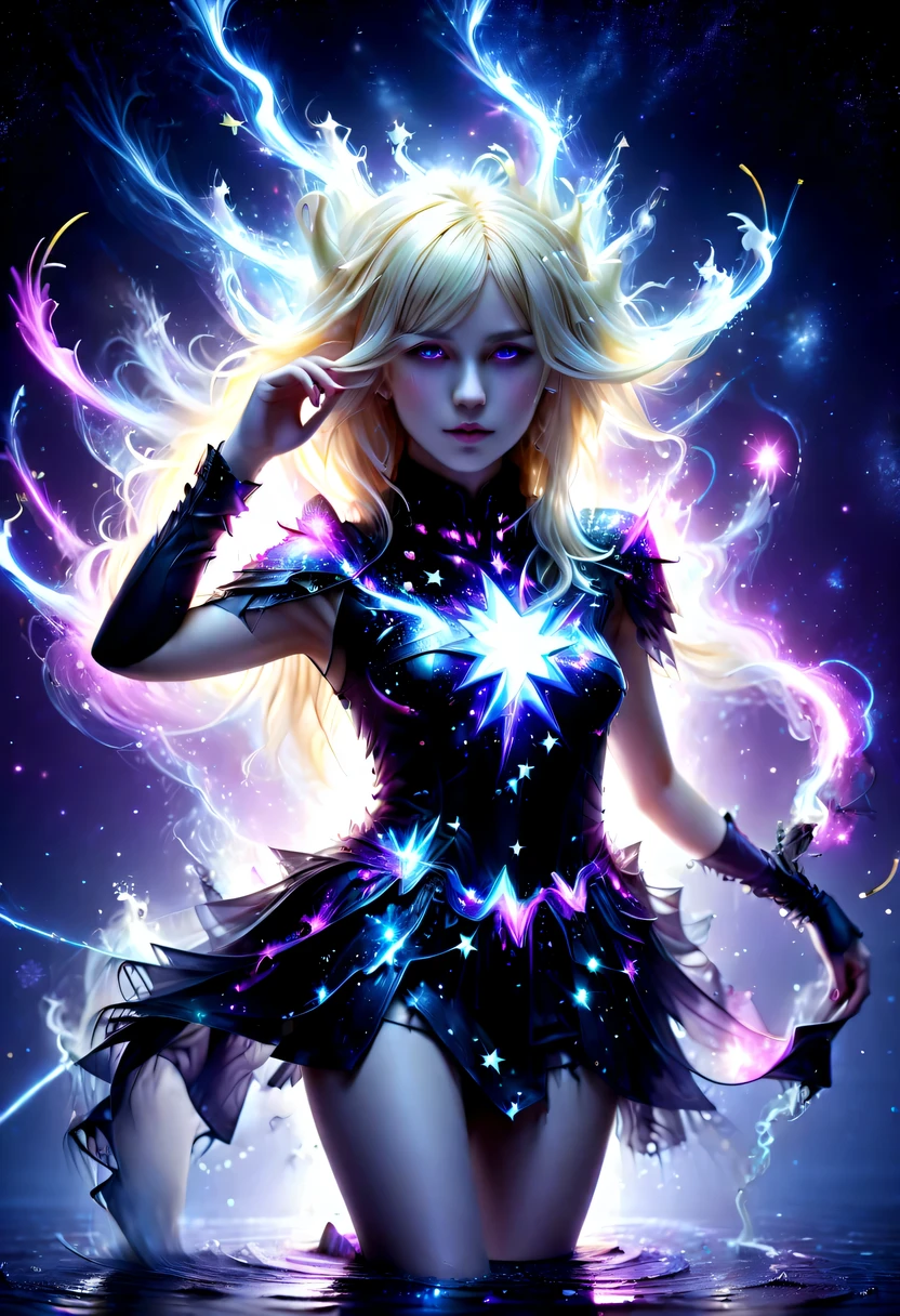 hyper detailed masterpiece, Dynamic, high quality,Dark magic,Magical girl made of colorful stars,Lightning magic,Starlight skirt,blond,water splash
