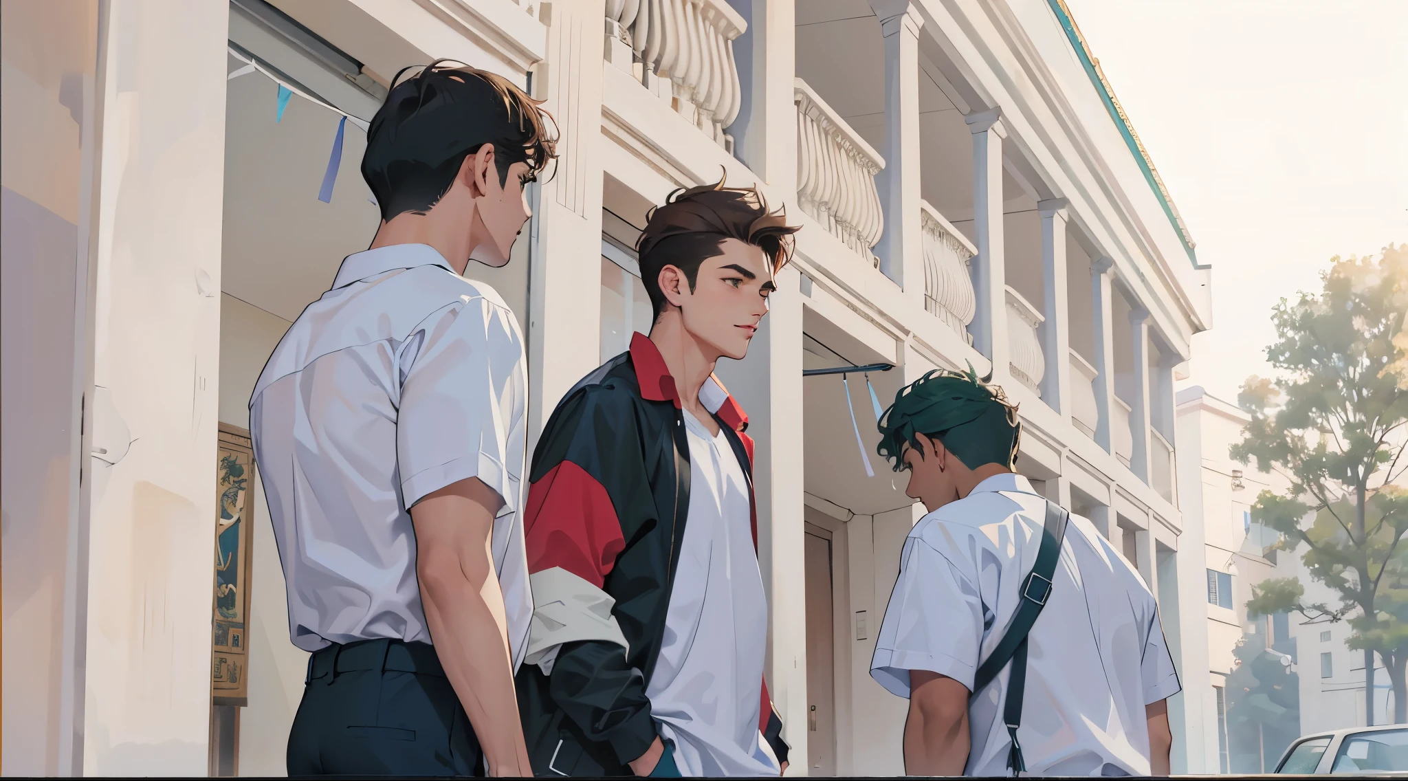 There are three handsome young men of 15 years old, green and brown hair, blue clothes.
