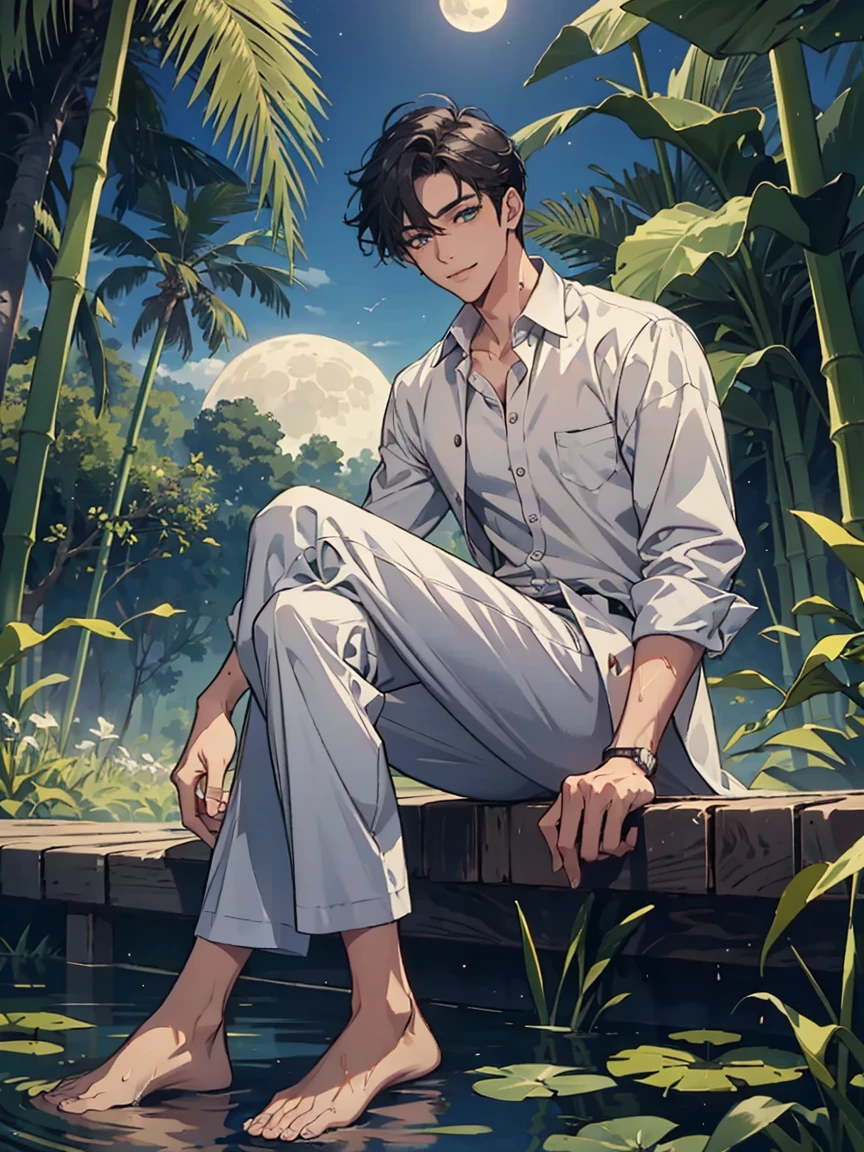 ((masterpiece,best quality)), 1 male, adult, handsome,full_moon, leaf, moon, plant, potted_plant, bamboo, 1guy, handsome man, palm_tree, water, tanabata, branch, barefoot, night, lily_pad, tanzaku, soaking_feet, vines, solo, outdoors, tree, very short black hair, wet, flower, smile, ivy, green_eyes, pants, lily_of_the_valley, sky, looking_at_viewer, palm_leaf, casual clothes, ((masterpiece,best quality)), beautiful detailed eyes, beautiful detailed face, white shirt, white pants


