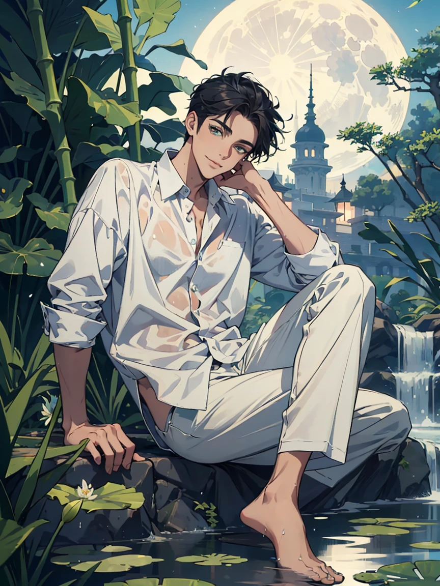 ((masterpiece,best quality)), 1 male, adult, handsome,full_moon, leaf, moon, plant, potted_plant, bamboo, 1guy, handsome man, palm_tree, water, tanabata, branch, barefoot, night, lily_pad, tanzaku, soaking_feet, vines, solo, outdoors, tree, very short black hair, wet, flower, smile, ivy, green_eyes, pants, lily_of_the_valley, sky, looking_at_viewer, palm_leaf, casual clothes, ((masterpiece,best quality)), beautiful detailed eyes, beautiful detailed face, white shirt, white pants

