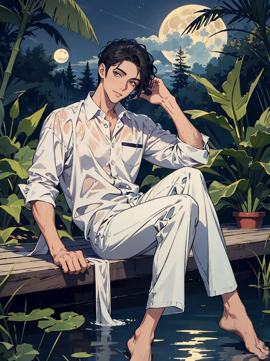 ((masterpiece,best quality)), 1 male, adult, handsome,full_moon, leaf, moon, plant, potted_plant, bamboo, 1guy, handsome man, palm_tree, water, tanabata, branch, barefoot, night, lily_pad, tanzaku, soaking_feet, vines, solo, outdoors, tree, very short black hair, wet, flower, smile, ivy, green_eyes, pants, lily_of_the_valley, sky, looking_at_viewer, palm_leaf, casual clothes, ((masterpiece,best quality)), beautiful detailed eyes, beautiful detailed face, white shirt, white pants