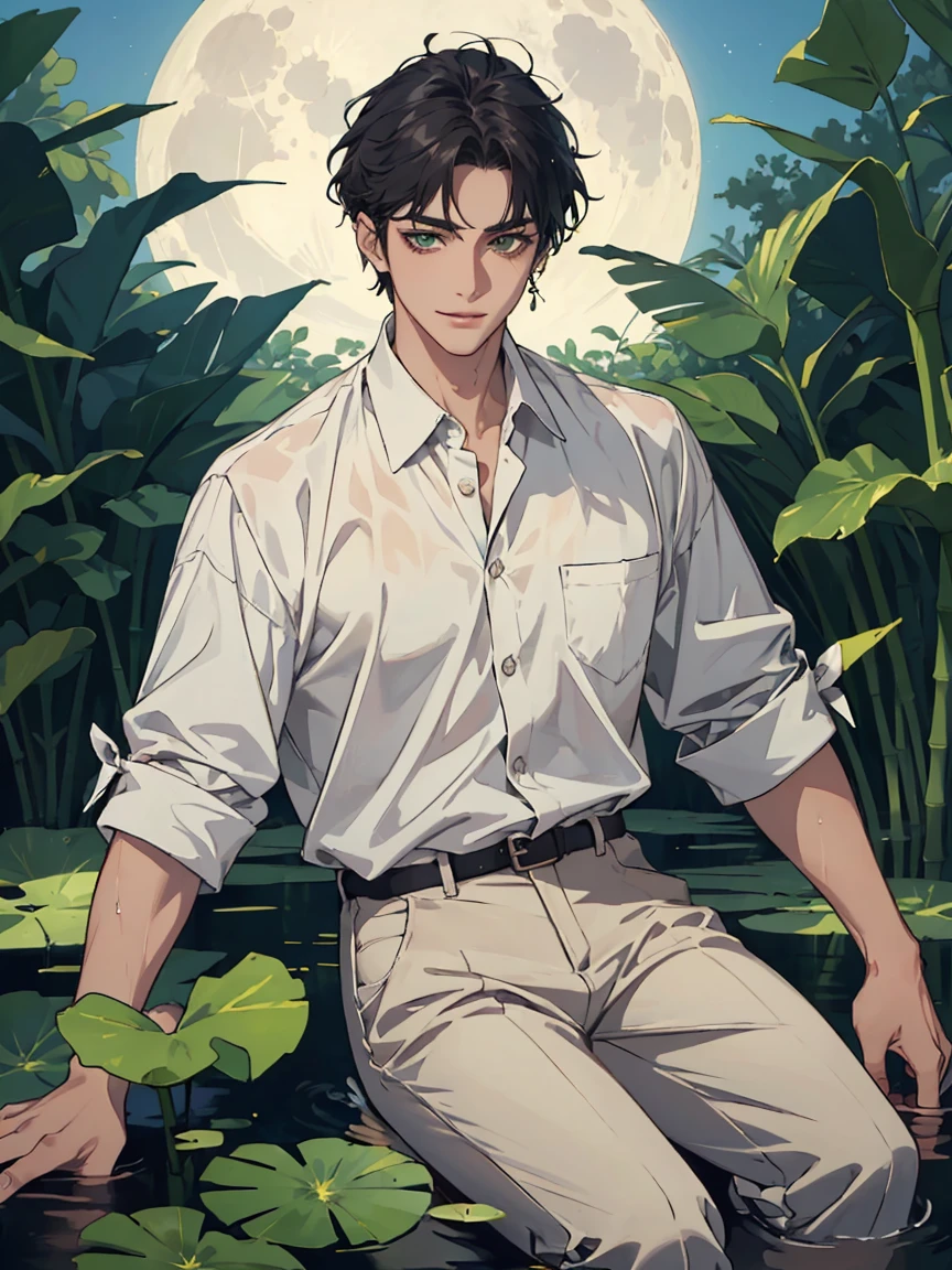((masterpiece,best quality)), 1 male, adult, handsome,full_moon, leaf, moon, plant, potted_plant, bamboo, 1guy, handsome man, palm_tree, water, tanabata, branch, barefoot, night, lily_pad, tanzaku, soaking_feet, vines, solo, outdoors, tree, very short black hair, wet, flower, smile, ivy, green_eyes, pants, lily_of_the_valley, sky, looking_at_viewer, palm_leaf, casual clothes, ((masterpiece,best quality)), beautiful detailed eyes, beautiful detailed face, white shirt, white pants

