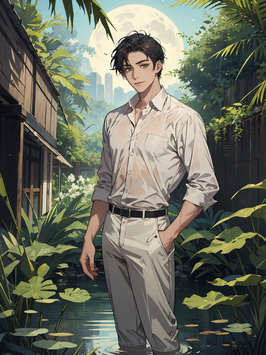((masterpiece,best quality)), 1 male, adult, handsome,full_moon, leaf, moon, plant, potted_plant, bamboo, 1guy, handsome man, palm_tree, water, tanabata, branch, barefoot, night, lily_pad, tanzaku, soaking_feet, vines, solo, outdoors, tree, very short black hair, wet, flower, smile, ivy, green_eyes, pants, lily_of_the_valley, sky, looking_at_viewer, palm_leaf, casual clothes, ((masterpiece,best quality)), beautiful detailed eyes, beautiful detailed face, white shirt, white pants
