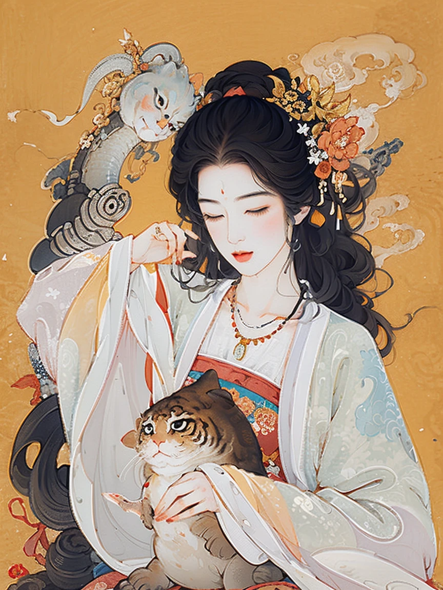 masterpiece, 1girl, nail_polish, jewelry, necklace, black_hair, closed_eyes, solo, dress,black_hair, ancient art, chinese, flowers, shin hanga style, woodblock print
