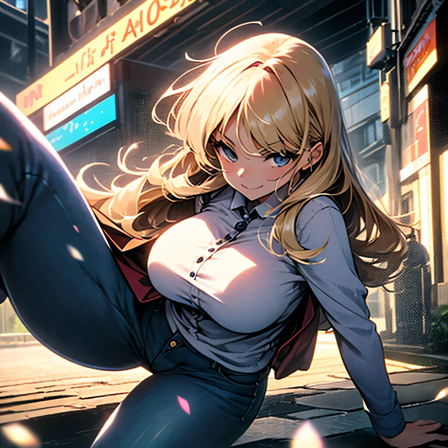 masterpiece,Two dimensions,girl,cute,Long Wave, bright blonde, almond shaped face, Calm, smile,casual shirt and jeans,quick evasive action,stoop low,Rotational motion,fantasy,magic,magicのアイテム,Mysterious