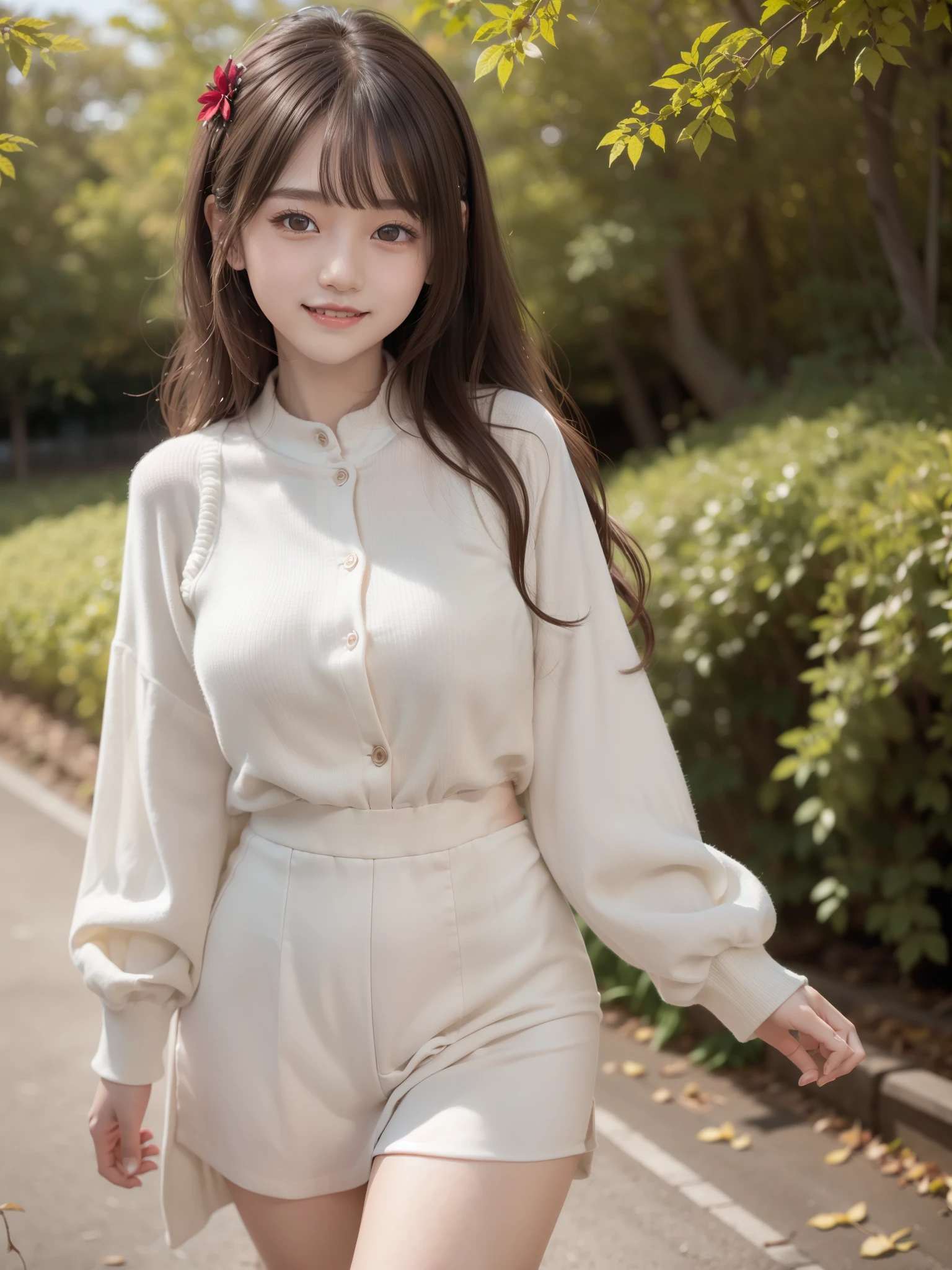 japanese girl, cute、brown hair、flower hair ornament、((Vertical wavy curly hair、Scarlet eyes、drooping eyes:1.2))、shiny and smooth hair, thick bangs、slender body shape、(happy smile:1.2), perfect anatomy、Depth of bounds written、 Rural station、autumn outfit、