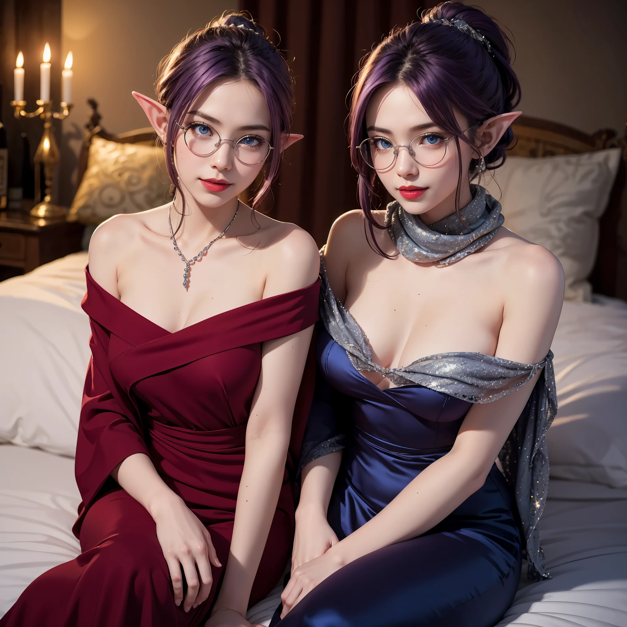 (perfect anatomy), (extreme-detailed photoreal), asian, japanese, (elf woman prominent asian features very short purple hair tied back as ponytail), cute smile, features, wearing round glasses, blue eyes, ((sparkly silver shawl and wine red evening gown)), off shoulder, off back, red lipstick, sitting, flower diamond hairclip, fancy bed, romantic lighting, dark room,candlelit, back facing viewer, white cat, dreamscape, looking into hole