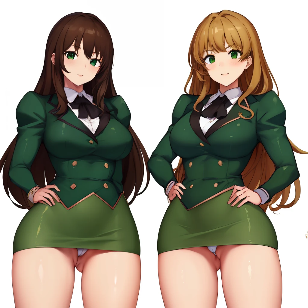 2girls, duo, twins, standing shoulder-to-shoulder, age woman, happy, brown hair, blonde hair, long curly hair, matching hairstyles, different hair colors, hair down, hazel eyes, green delmo uniform, green jacket, green pencil skirt, white background, best quality, highly detailed