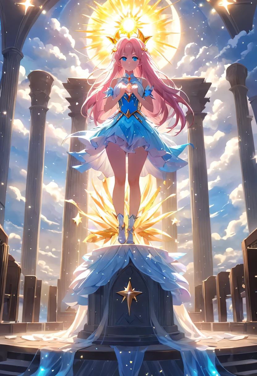 (Magical girl stands on top of the altar:1.5)，Her long hair spreads out in all directions like a flowing spring，dancing gently in the wind，It is as if connected to heaven and earth。She holds the sun, Moon and stars in her hands，Bright light shot from her palms，Reflecting her clear eyes。Her posture is straight，Integrated with the stone pillars on the top of the tower。.。Her face was calm，but full of power，It seems like I can see all the truth in the world。Her skirt flutters in the wind，Elegant as clouds，And the ground beneath her feet seemed to be trembling slightly..，in awe of her strength。sada，She stared at the distant sky，As if looking for something。Her eyes sparkled with determination，It seems that no matter how many difficulties and challenges lie ahead,,，Nothing can shake her firm belief。At the top of this mysterious tower，Magical girl with the sun, Moon and stars，Safeguard the peace and tranquility of the world。her existence，is a symbol of hope，is the source of courage。And her fearless strength，will also be engraved in people&#39;s hearts&#39;forever heart。