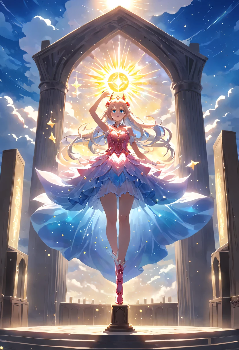 (Magical girl stands on top of the altar:1.5),Her long hair spreads out in all directions like a flowing spring,dancing gently in the wind,It is as if connected to heaven and earth。She holds the sun, Moon and stars in her hands,Bright light shot from her palms,Reflecting her clear eyes。Her posture is straight,Integrated with the stone pillars on the top of the tower。.。Her face was calm,but full of power,It seems like I can see all the truth in the world。Her skirt flutters in the wind,Elegant as clouds,And the ground beneath her feet seemed to be trembling slightly..,in awe of her strength。sada,She stared at the distant sky,As if looking for something。Her eyes sparkled with determination,It seems that no matter how many difficulties and challenges lie ahead,,,Nothing can shake her firm belief。At the top of this mysterious tower,Magical girl with the sun, Moon and stars,Safeguard the peace and tranquility of the world。her existence,is a symbol of hope,is the source of courage。And her fearless strength,will also be engraved in people's hearts'forever heart。