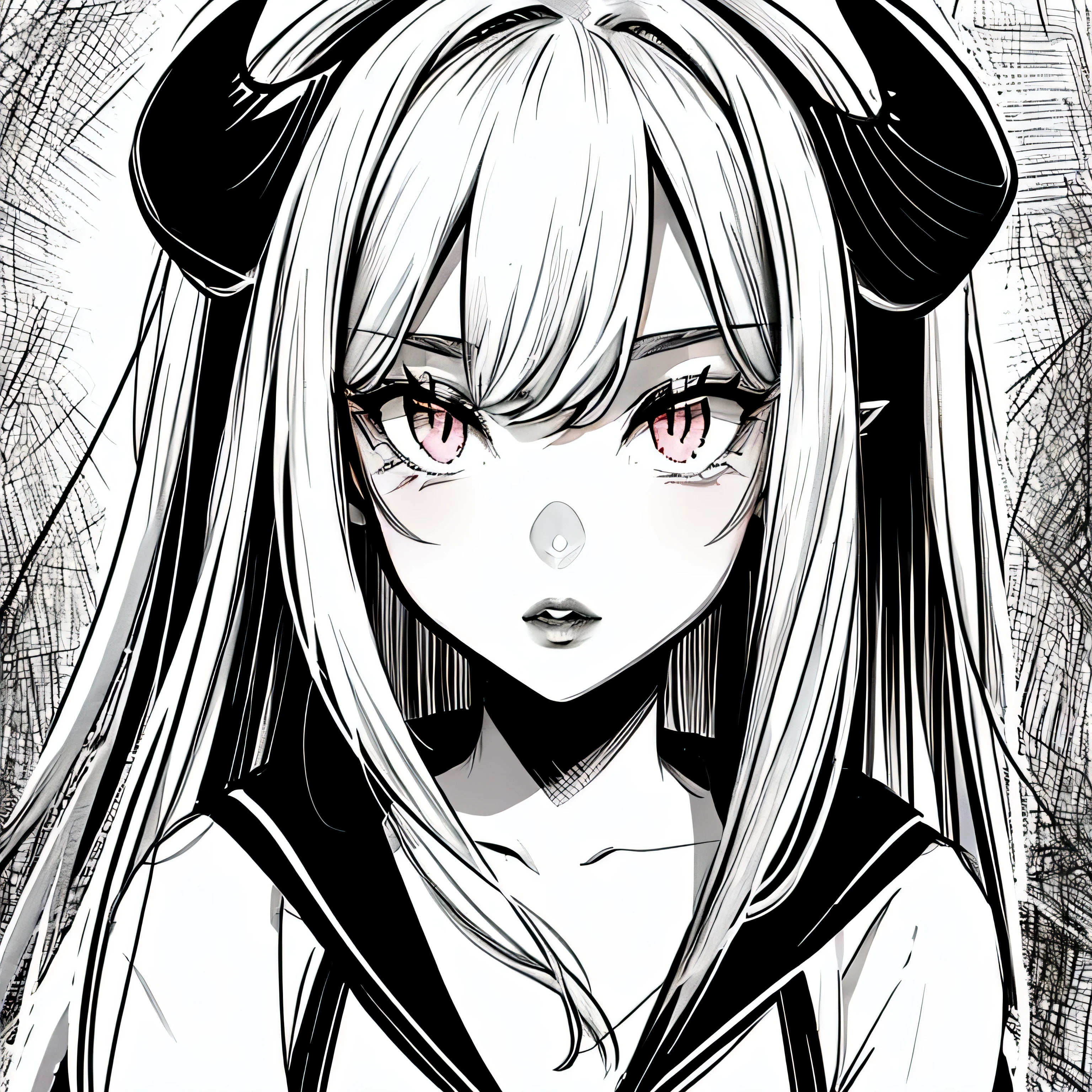 make a portrait of a devil horned girl in black and white colors