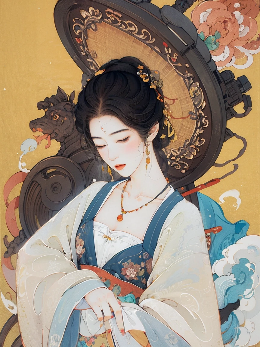 masterpiece, 1girl, nail_polish, jewelry, necklace, black_hair, closed_eyes, solo, dress,black_hair, ancient art, chinese, flowers, shin hanga style, woodblock print
