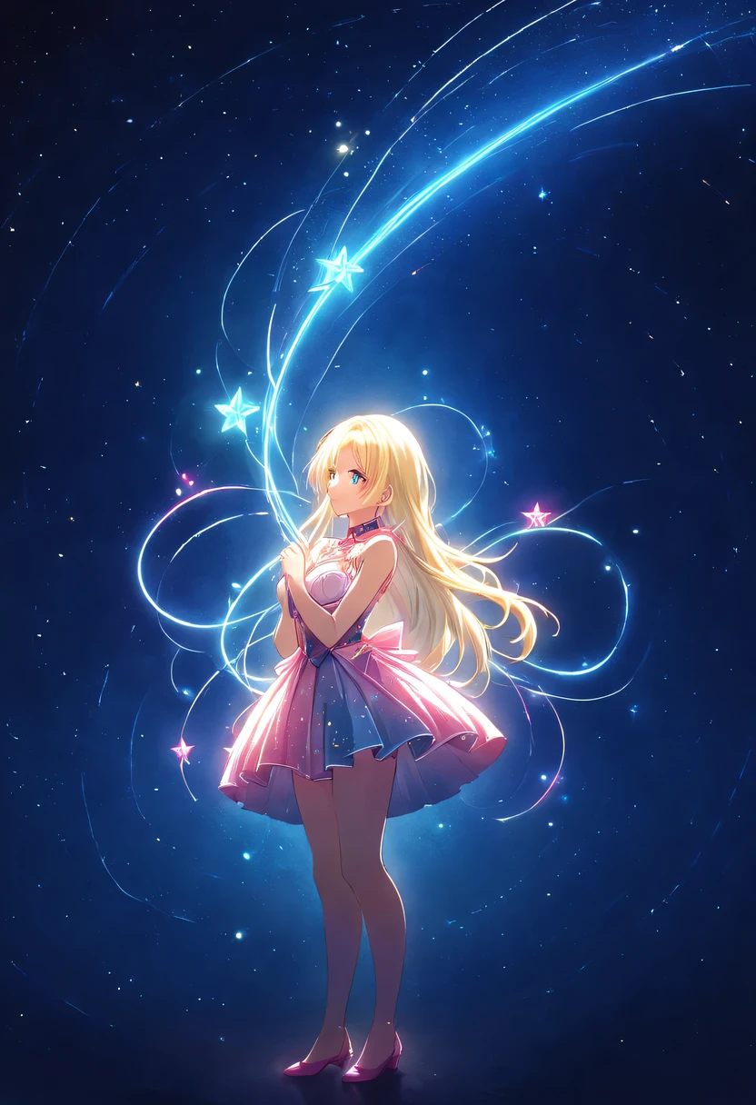 Magical girl,Star,Starlight,masterpiece,best quality,human development report.ultra high definition.4K,8k,k,Very detailed,Super fine,extremely detailed description,professional, 1 girl, Volumetric light, 1 girl, blonde hair,medium bust, long hair, best quality, illustration,  beautiful and delicate eyes, posture, Starry sky skirt, Starry sky, The elegant rotation of the starry sky,