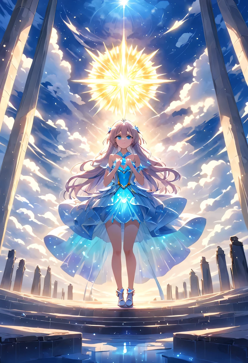 Magical girl stands on top of the altar,Her long hair spreads out in all directions like a flowing spring,dancing gently in the wind,It is as if connected to heaven and earth。She holds the sun, Moon and stars in her hands,Bright light shot from her palms,Reflecting her clear eyes。Her posture is straight,Integrated with the stone pillars on the top of the tower。.。Her face was calm,but full of power,It seems like I can see all the truth in the world。Her skirt flutters in the wind,Elegant as clouds,And the ground beneath her feet seemed to be trembling slightly..,in awe of her strength。sada,She stared at the distant sky,As if looking for something。Her eyes sparkled with determination,It seems that no matter how many difficulties and challenges lie ahead,,,Nothing can shake her firm belief。At the top of this mysterious tower,Magical girl with the sun, Moon and stars,Safeguard the peace and tranquility of the world。her existence,is a symbol of hope,is the source of courage。And her fearless strength,will also be engraved in people's hearts'forever heart。