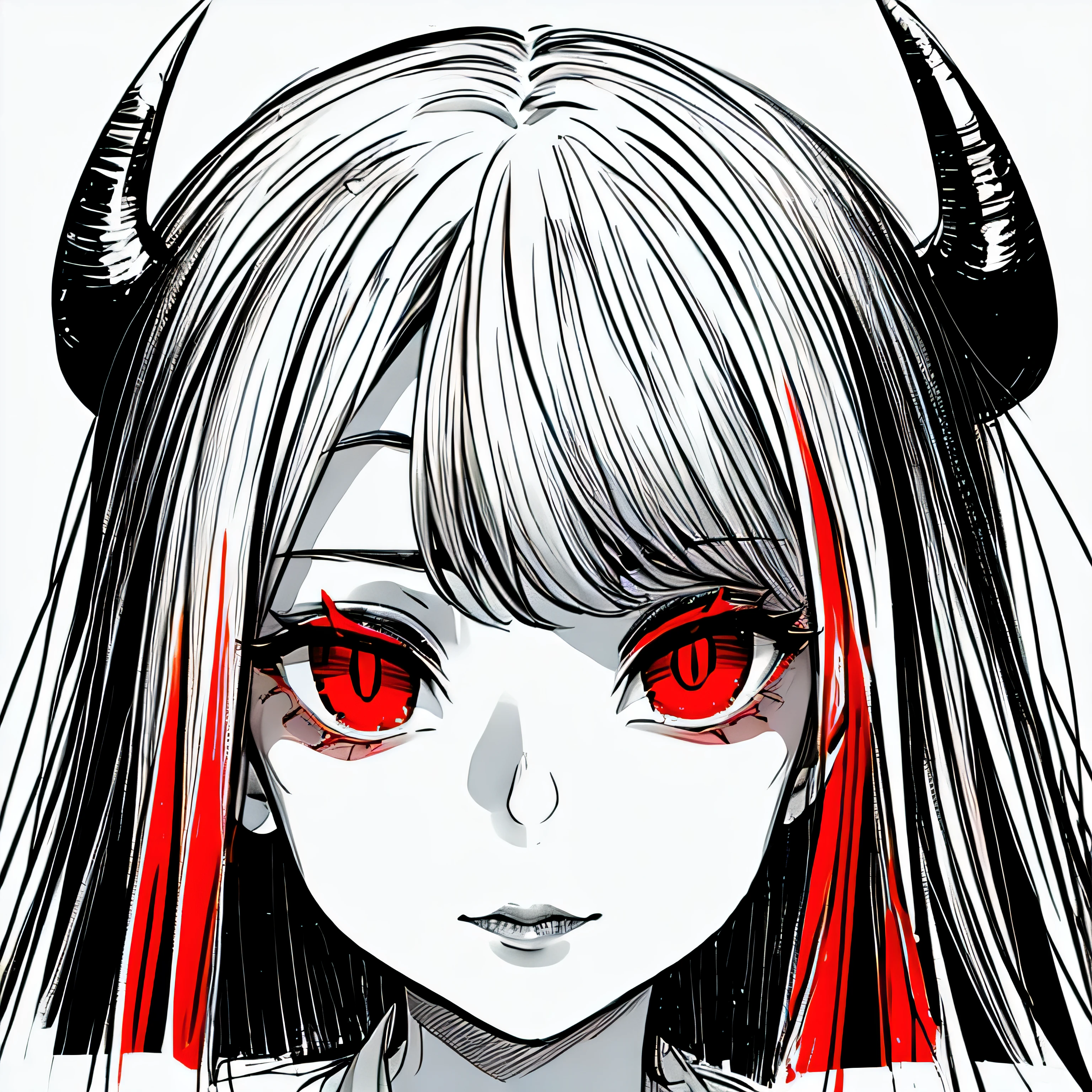 make a horror portrait of a devil horned girl with red eyes in black and white colors