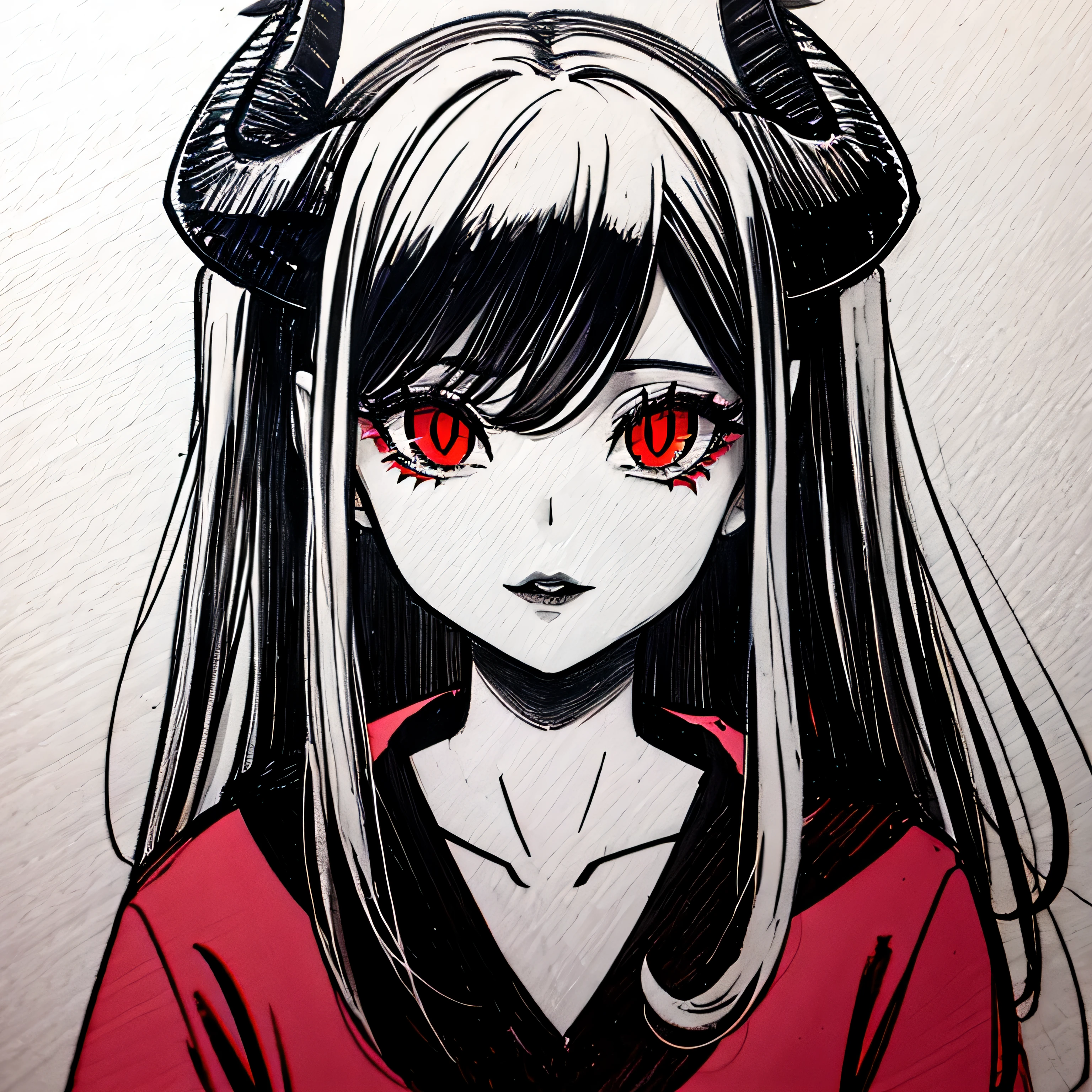 make a horror portrait of a devil horned girl with red eyes in black and white colors