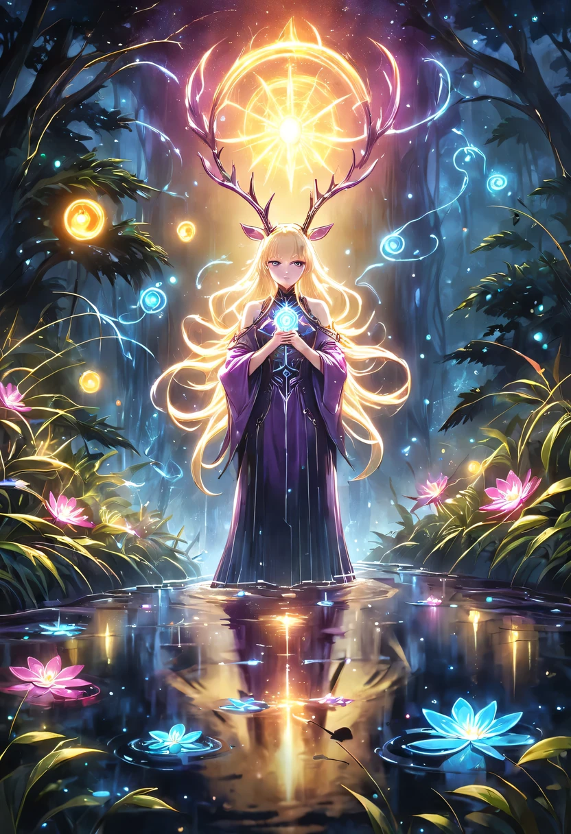 masterpiece,best quality,(Very detailed CG unified 8k wallpaper),(best quality),(Best Illustration),(best shadow),Very detailed pictures,entire character,photorealism,Surrealism,Girls casters,blonde,dark casters,Beautiful young conjurer wearing purple robe,Girl with purple eyes,beautiful figure painting,girl holding magic wand,It is decorated with unique carvings and precious stones, Represents the power and skill of the witch,Guwitz,Guwitz-style artwork,White-haired God,Yang Jian,Epic and beautiful character art,Stunning character art,Fan Qi,Wu Zhun Shifan,Guwitz on pixiv art site,Glowing Elves,There is a glowing deer,drink water in swimming pool,森林主题中的natural elements。mysterious forest,Beautiful forest,Great outdoor activities,Surrounded by flowers,精致的树叶和branch被firefly包围(natural elements),(jungle theme),(leaf),(branch),(firefly),(particle effect)and other 3D, octane rendering,Ray tracing,super detailed