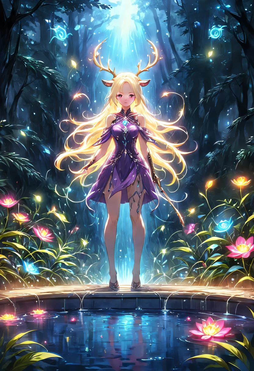 masterpiece,best quality,(Very detailed CG unified 8k wallpaper),(best quality),(Best Illustration),(best shadow),Very detailed pictures,entire character,photorealism,Surrealism,Girls casters,blonde,dark casters,Beautiful young conjurer wearing purple robe,Girl with purple eyes,beautiful figure painting,girl holding magic wand,It is decorated with unique carvings and precious stones, Represents the power and skill of the witch,Guwitz,Guwitz-style artwork,White-haired God,Yang Jian,Epic and beautiful character art,Stunning character art,Fan Qi,Wu Zhun Shifan,Guwitz on pixiv art site,Glowing Elves,There is a glowing deer,drink water in swimming pool,森林主题中的natural elements。mysterious forest,Beautiful forest,Great outdoor activities,Surrounded by flowers,精致的树叶和branch被firefly包围(natural elements),(jungle theme),(leaf),(branch),(firefly),(particle effect)and other 3D, octane rendering,Ray tracing,super detailed