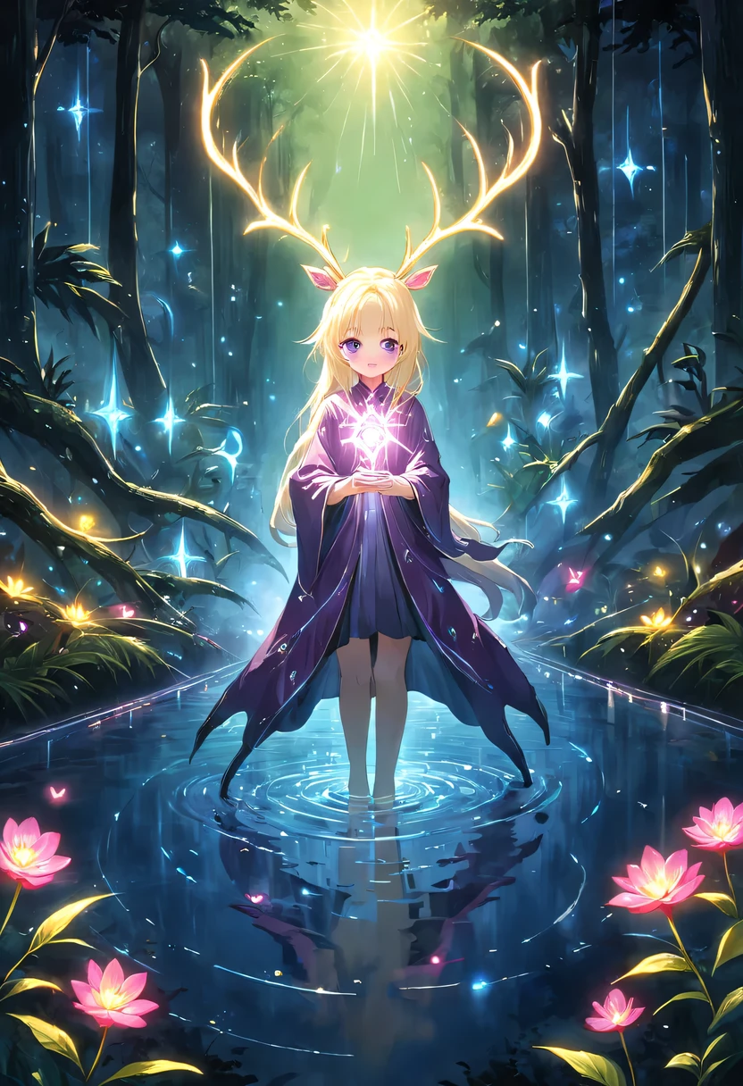 masterpiece，best quality，（Very detailed CG unified 8k wallpaper），（best quality），（Best Illustration），（best shadow），Very detailed pictures，entire character，photorealism，Surrealism，Girls casters，blonde，dark casters，Beautiful young conjurer wearing purple robe，Girl with purple eyes，beautiful figure painting，girl holding magic wand，It is decorated with unique carvings and precious stones, Represents the power and skill of the witch,Guwitz，Guwitz-style artwork，White-haired God，Yang Jian，Epic and beautiful character art，Stunning character art，Fan Qi，Wu Zhun Shifan，Guwitz on pixiv art site，Glowing Elves，There is a glowing deer，drink water in swimming pool，森林主题中的natural elements。mysterious forest，Beautiful forest，Great outdoor activities，Surrounded by flowers，精致的树叶和branch被firefly包围（natural elements），（jungle theme），（leaf），（branch），（firefly），（particle effect）and other 3D， octane rendering，Ray tracing，super detailed