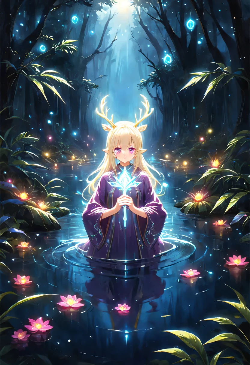masterpiece，best quality，（Very detailed CG unified 8k wallpaper），（best quality），（Best Illustration），（best shadow），Very detailed pictures，entire character，photorealism，Surrealism，Girls casters，blonde，dark casters，Beautiful young conjurer wearing purple robe，Girl with purple eyes，beautiful figure painting，girl holding magic wand，It is decorated with unique carvings and precious stones, Represents the power and skill of the witch,Guwitz，Guwitz-style artwork，White-haired God，Yang Jian，Epic and beautiful character art，Stunning character art，Fan Qi，Wu Zhun Shifan，Guwitz on pixiv art site，Glowing Elves，There is a glowing deer，drink water in swimming pool，森林主题中的natural elements。mysterious forest，Beautiful forest，Great outdoor activities，Surrounded by flowers，精致的树叶和branch被firefly包围（natural elements），（jungle theme），（leaf），（branch），（firefly），（particle effect）and other 3D， octane rendering，Ray tracing，super detailed