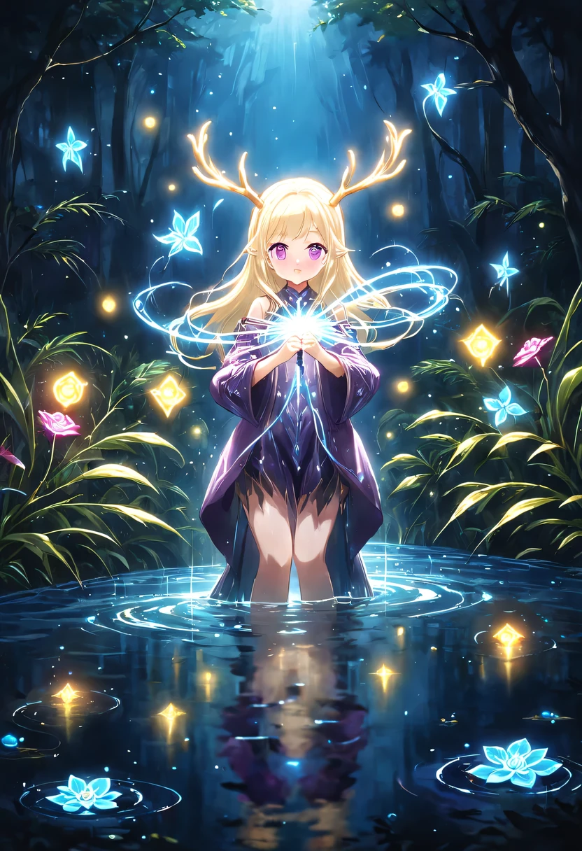 masterpiece,best quality,(Very detailed CG unified 8k wallpaper),(best quality),(Best Illustration),(best shadow),Very detailed pictures,entire character,photorealism,Surrealism,Girls casters,blonde,dark casters,Beautiful young conjurer wearing purple robe,Girl with purple eyes,beautiful figure painting,girl holding magic wand,It is decorated with unique carvings and precious stones, Represents the power and skill of the witch,Guwitz,Guwitz-style artwork,White-haired God,Yang Jian,Epic and beautiful character art,Stunning character art,Fan Qi,Wu Zhun Shifan,Guwitz on pixiv art site,Glowing Elves,There is a glowing deer,drink water in swimming pool,森林主题中的natural elements。mysterious forest,Beautiful forest,Great outdoor activities,Surrounded by flowers,精致的树叶和branch被firefly包围(natural elements),(jungle theme),(leaf),(branch),(firefly),(particle effect)and other 3D, octane rendering,Ray tracing,super detailed