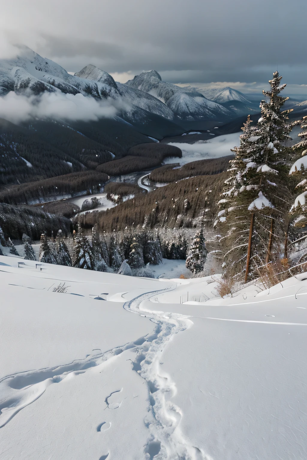 verschneite, neblige, deep forests with mountains, von oben