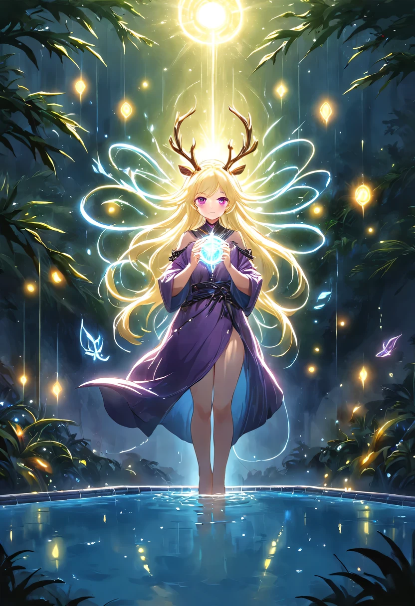 masterpiece,best quality,(Very detailed CG unified 8k wallpaper),(best quality),(Best Illustration),(best shadow),Very detailed pictures,entire character,photorealism,Surrealism,Girls casters,blonde,dark casters,Beautiful young conjurer wearing purple robe,Girl with purple eyes,beautiful figure painting,girl holding magic wand,It is decorated with unique carvings and precious stones, Represents the power and skill of the witch,Guwitz,Guwitz-style artwork,White-haired God,Yang Jian,Epic and beautiful character art,Stunning character art,Fan Qi,Wu Zhun Shifan,Guwitz on pixiv art site,Glowing Elves,There is a glowing deer,drink water in swimming pool,森林主题中的natural elements。mysterious forest,Beautiful forest,Great outdoor activities,Surrounded by flowers,精致的树叶和branch被firefly包围(natural elements),(jungle theme),(leaf),(branch),(firefly),(particle effect)and other 3D, octane rendering,Ray tracing,super detailed