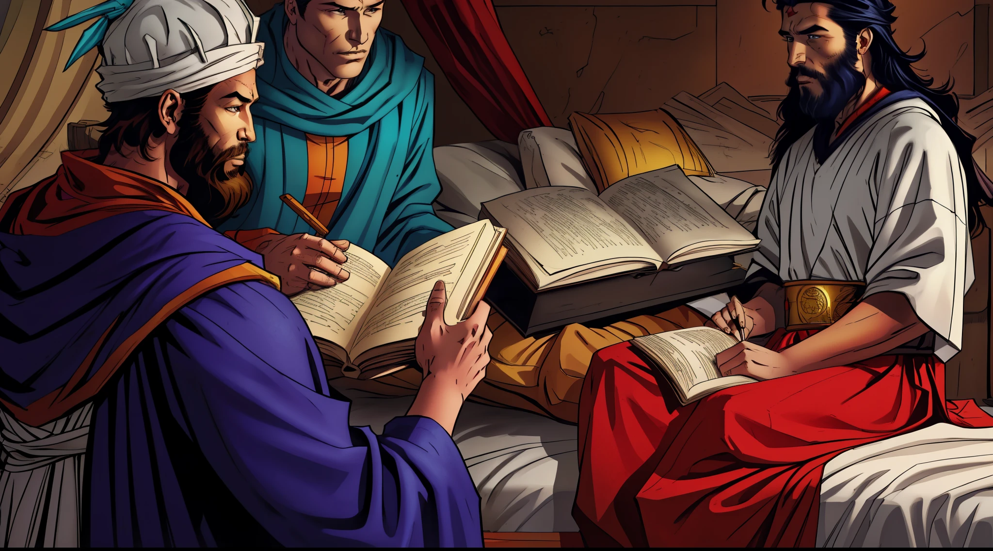 um rei sentado em uma cama. There are two servants with a book in their hand, biblical costumes, biblical style, estilo oriental