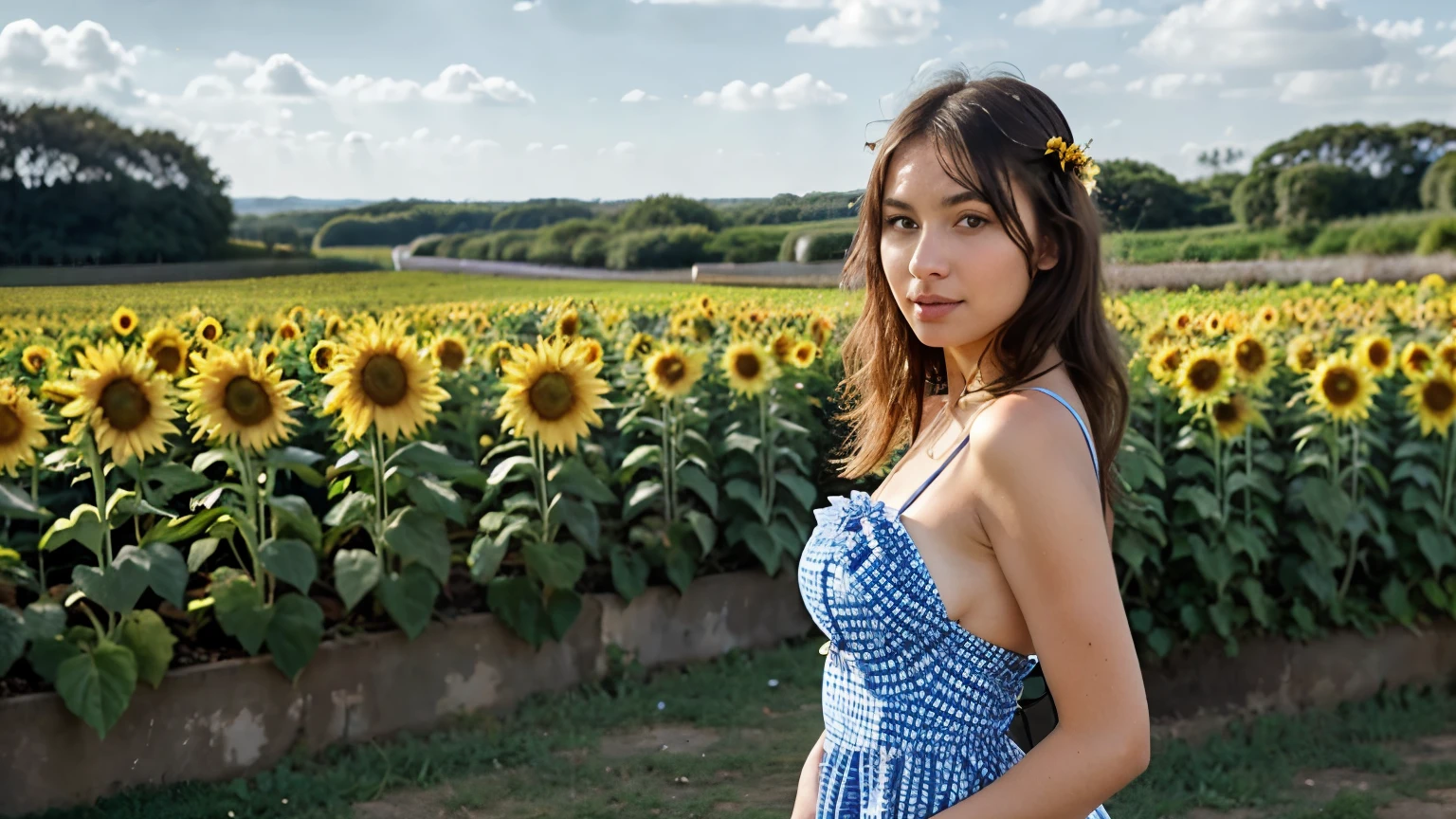 arafed woman in a blue dress standing in front of a sunflower garden, sundress, sky - blue dress, portrait sophie mudd, light blue dress portrait, cute checkerboard sundress, summer dress, anna nikonova, blue checkerboard dress, gorgeous woman, portrait emily ratajkowski, wearing sundress, sun drenched, julia sarda uma plantçao de gira sol
