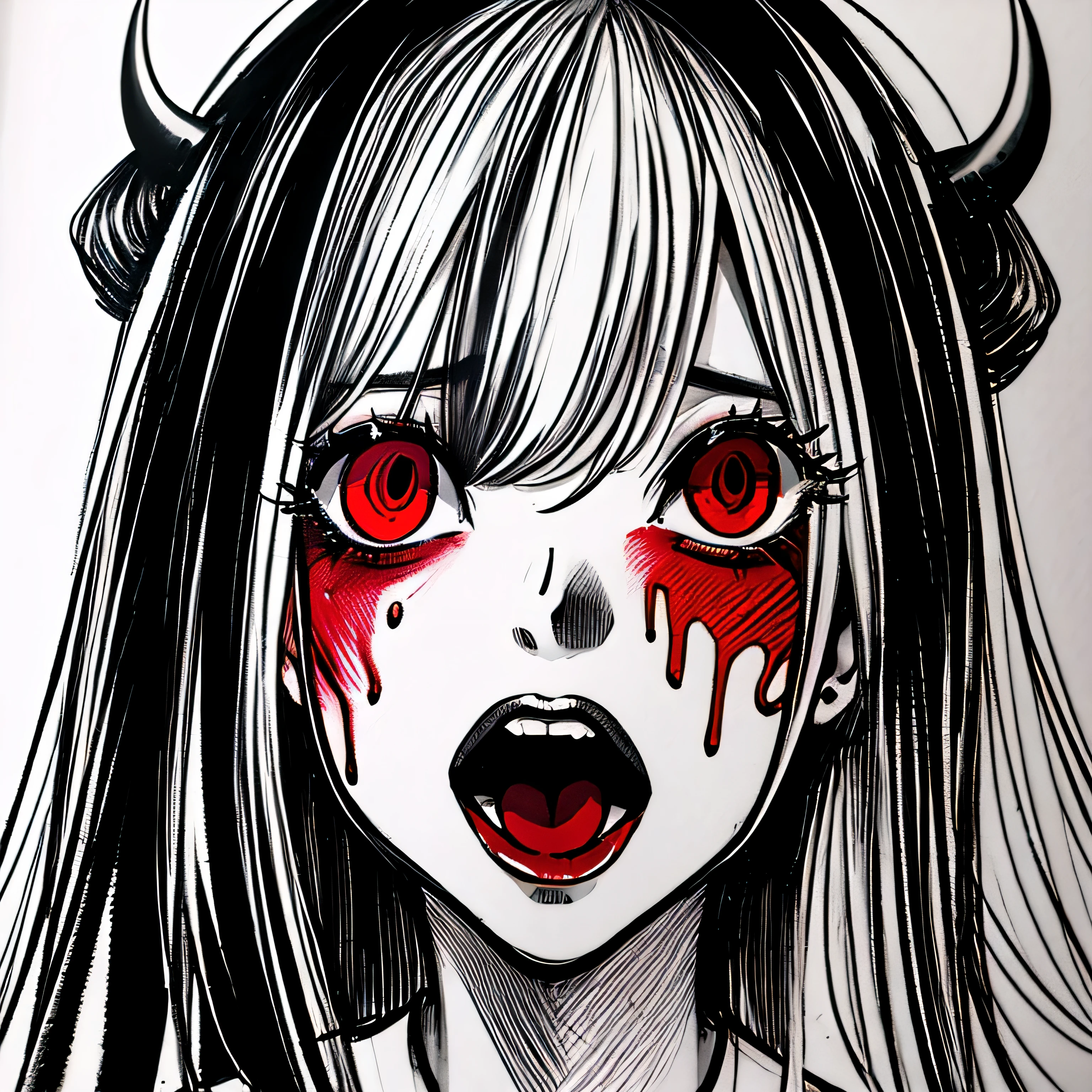 make a horror portrait of the head of a screaming devil open mouth and red eyes in black and white colors