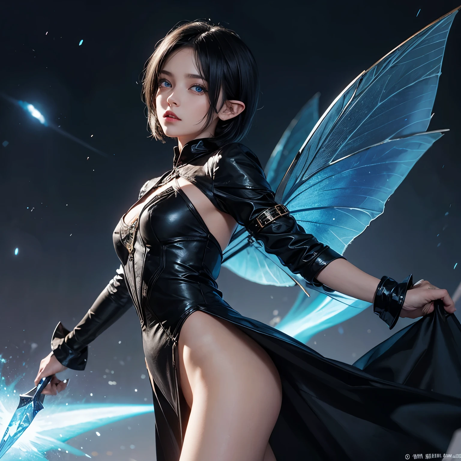 Fairy, woman, short hair, black hair, blue eyes, pointy ears 