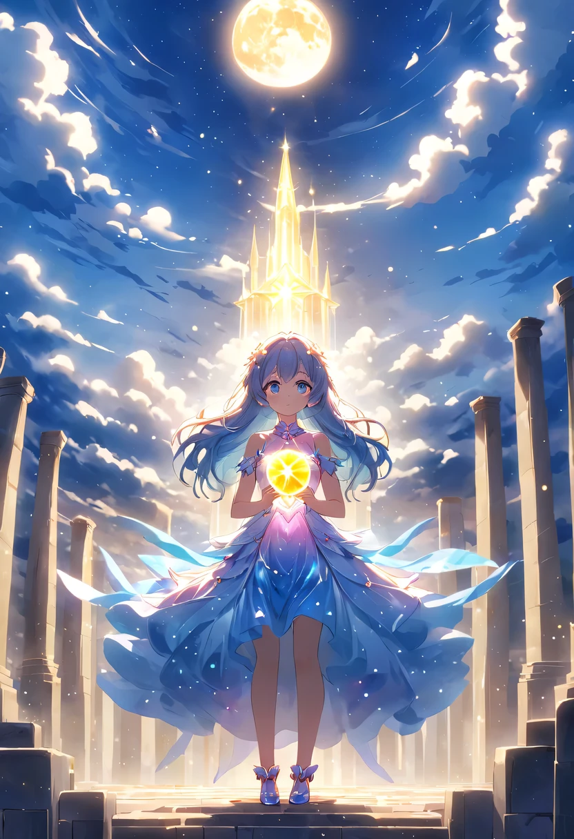 Magical girl stands on top of the altar,Her long hair spreads out in all directions like a flowing spring,dancing gently in the wind,It is as if connected to heaven and earth。She holds the sun, Moon and stars in her hands,Bright light shot from her palms,Reflecting her clear eyes。Her posture is straight,Integrated with the stone pillars on the top of the tower。.。Her face was calm,but full of power,It seems like I can see all the truth in the world。Her skirt flutters in the wind,Elegant as clouds,And the ground beneath her feet seemed to be trembling slightly..,in awe of her strength。sada,She stared at the distant sky,As if looking for something。Her eyes sparkled with determination,It seems that no matter how many difficulties and challenges lie ahead,,,Nothing can shake her firm belief。At the top of this mysterious tower,Magical girl with the sun, Moon and stars,Safeguard the peace and tranquility of the world。her existence,is a symbol of hope,is the source of courage。And her fearless strength,will also be engraved in people's hearts'forever heart。