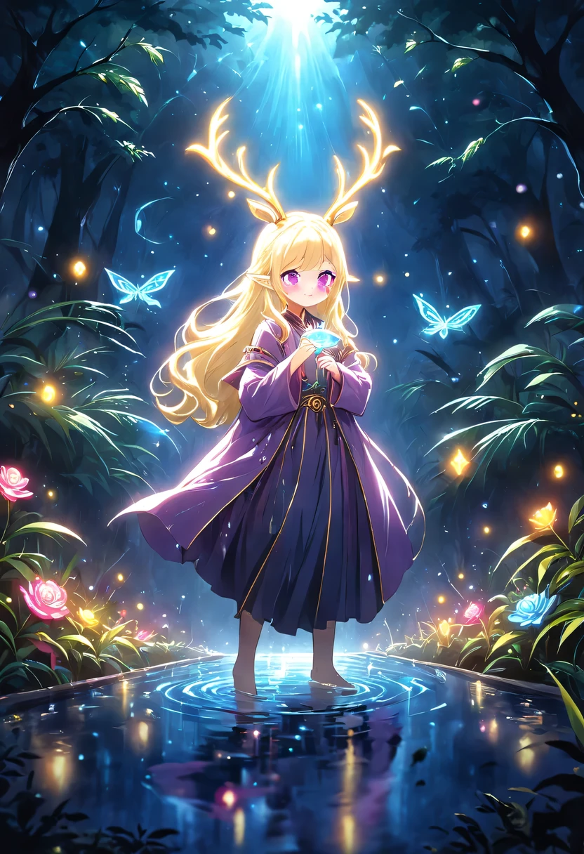 masterpiece，best quality，（Very detailed CG unified 8k wallpaper），（best quality），（Best Illustration），（best shadow），Very detailed pictures，entire character，photorealism，Surrealism，Girls casters，blonde，dark casters，Beautiful young conjurer wearing purple robe，Girl with purple eyes，beautiful figure painting，girl holding magic wand，It is decorated with unique carvings and precious stones, Represents the power and skill of the witch,Guwitz，Guwitz-style artwork，White-haired God，Yang Jian，Epic and beautiful character art，Stunning character art，Fan Qi，Wu Zhun Shifan，Guwitz on pixiv art site，Glowing Elves，There is a glowing deer，drink water in swimming pool，森林主题中的natural elements。mysterious forest，Beautiful forest，Great outdoor activities，Surrounded by flowers，精致的树叶和branch被firefly包围（natural elements），（jungle theme），（leaf），（branch），（firefly），（particle effect）and other 3D， octane rendering，Ray tracing，super detailed