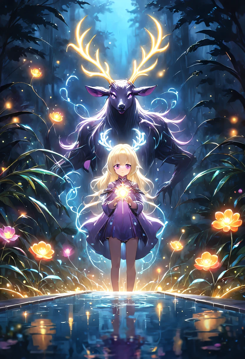 masterpiece，best quality，（Very detailed CG unified 8k wallpaper），（best quality），（Best Illustration），（best shadow），Very detailed pictures，entire character，photorealism，Surrealism，Girls casters，blonde，dark casters，Beautiful young conjurer wearing purple robe，Girl with purple eyes，beautiful figure painting，girl holding magic wand，It is decorated with unique carvings and precious stones, Represents the power and skill of the witch,Guwitz，Guwitz-style artwork，White-haired God，Yang Jian，Epic and beautiful character art，Stunning character art，Fan Qi，Wu Zhun Shifan，Guwitz on pixiv art site，Glowing Elves，There is a glowing deer，drink water in swimming pool，森林主题中的natural elements。mysterious forest，Beautiful forest，Great outdoor activities，Surrounded by flowers，精致的树叶和branch被firefly包围（natural elements），（jungle theme），（leaf），（branch），（firefly），（particle effect）and other 3D， octane rendering，Ray tracing，super detailed