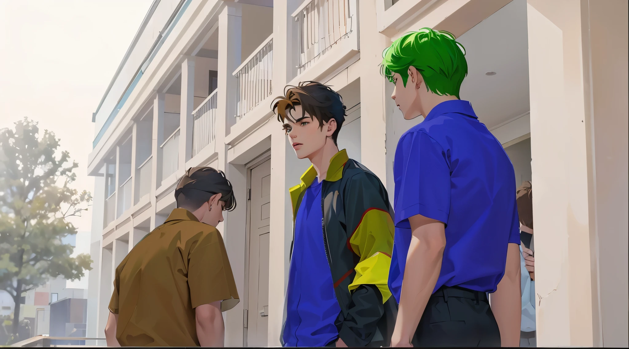 There are three handsome young men of 15 years old, green and brown hair, blue clothes.