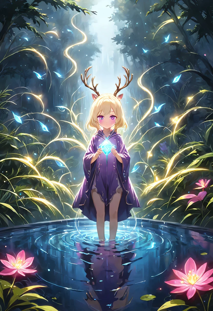 masterpiece,best quality,(Very detailed CG unified 8k wallpaper),(best quality),(Best Illustration),(best shadow),Very detailed pictures,entire character,photorealism,Surrealism,Girls casters,blonde,dark casters,Beautiful young conjurer wearing purple robe,Girl with purple eyes,beautiful figure painting,girl holding magic wand,It is decorated with unique carvings and precious stones, Represents the power and skill of the witch,Guwitz,Guwitz-style artwork,White-haired God,Yang Jian,Epic and beautiful character art,Stunning character art,Fan Qi,Wu Zhun Shifan,Guwitz on pixiv art site,Glowing Elves,There is a glowing deer,drink water in swimming pool,森林主题中的natural elements。mysterious forest,Beautiful forest,Great outdoor activities,Surrounded by flowers,精致的树叶和branch被firefly包围(natural elements),(jungle theme),(leaf),(branch),(firefly),(particle effect)and other 3D, octane rendering,Ray tracing,super detailed