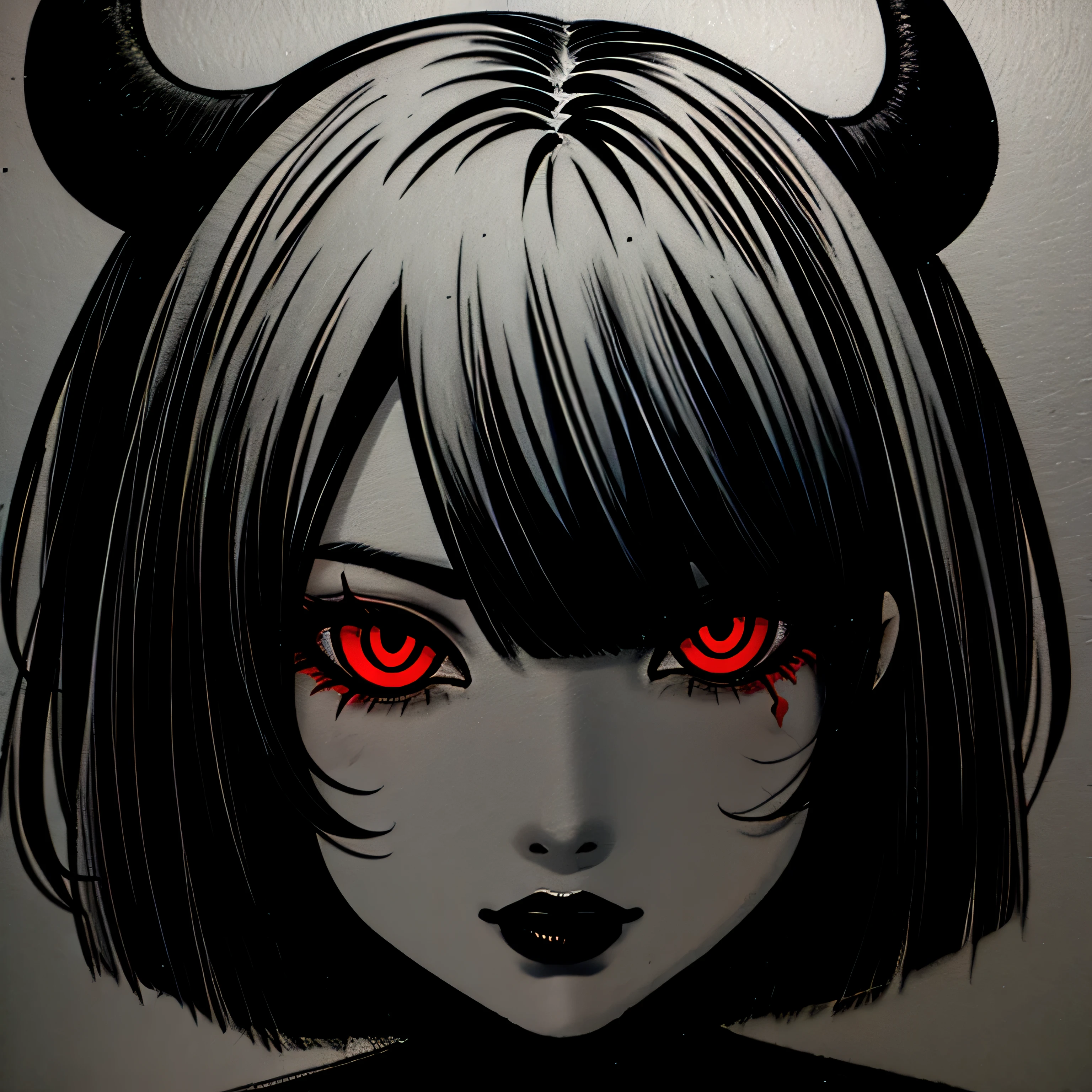 make a horror portrait of a devil horned girl with red blood in her face black and white colors