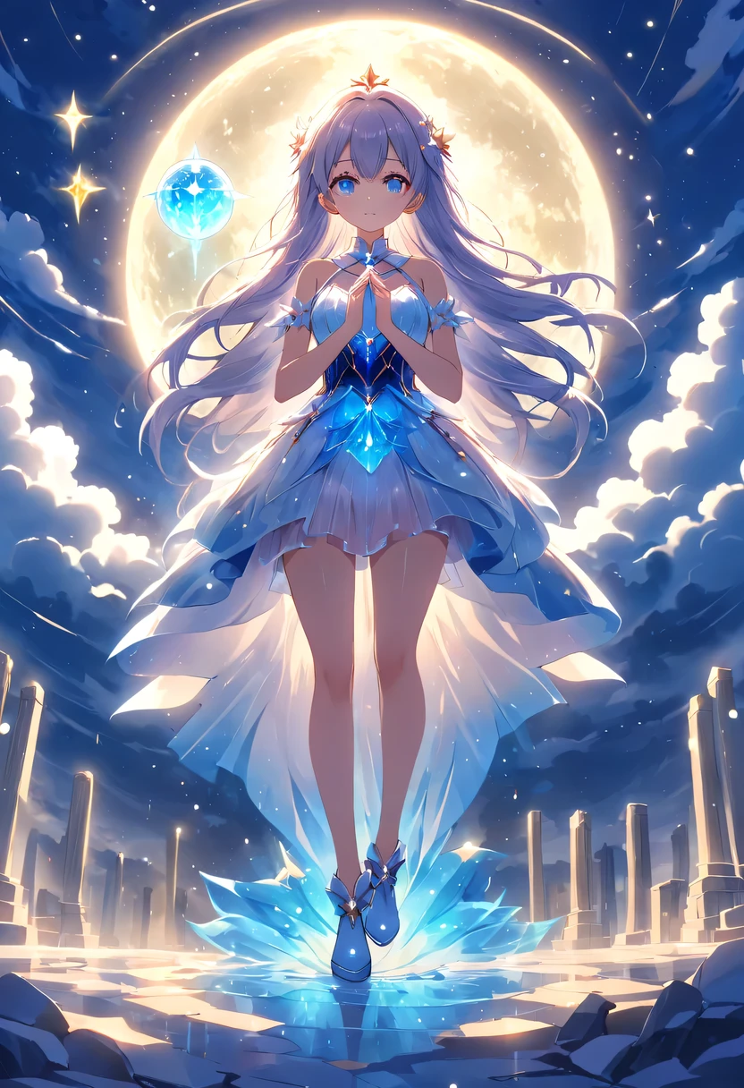Magical girl stands on top of the altar,Her long hair spreads out in all directions like a flowing spring,dancing gently in the wind,It is as if connected to heaven and earth。She holds the sun, Moon and stars in her hands,Bright light shot from her palms,Reflecting her clear eyes。Her posture is straight,Integrated with the stone pillars on the top of the tower。.。Her face was calm,but full of power,It seems like I can see all the truth in the world。Her skirt flutters in the wind,Elegant as clouds,And the ground beneath her feet seemed to be trembling slightly..,in awe of her strength。sada,She stared at the distant sky,As if looking for something。Her eyes sparkled with determination,It seems that no matter how many difficulties and challenges lie ahead,,,Nothing can shake her firm belief。At the top of this mysterious tower,Magical girl with the sun, Moon and stars,Safeguard the peace and tranquility of the world。her existence,is a symbol of hope,is the source of courage。And her fearless strength,will also be engraved in people's hearts'forever heart。