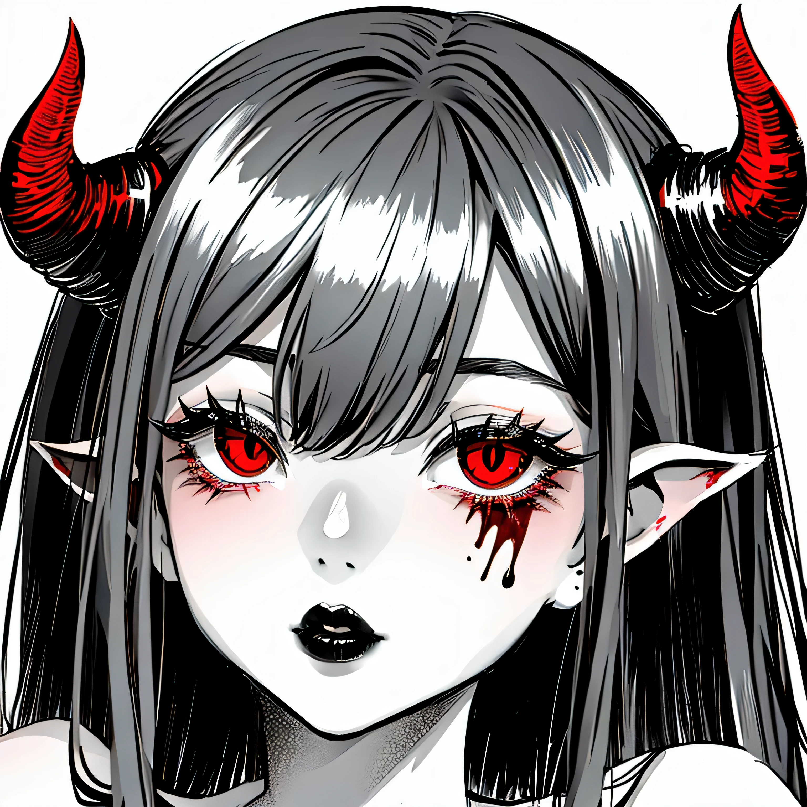 make a horror portrait of a devil horned girl with red blood in her face black and white colors