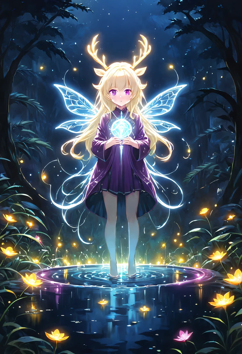 masterpiece,best quality,(Very detailed CG unified 8k wallpaper),(best quality),(Best Illustration),(best shadow),Very detailed pictures,entire character,photorealism,Surrealism,Girls casters,blonde,dark casters,Beautiful young conjurer wearing purple robe,Girl with purple eyes,beautiful figure painting,girl holding magic wand,It is decorated with unique carvings and precious stones, Represents the power and skill of the witch,Guwitz,Guwitz-style artwork,White-haired God,Yang Jian,Epic and beautiful character art,Stunning character art,Fan Qi,Wu Zhun Shifan,Guwitz on pixiv art site,Glowing Elves,There is a glowing deer,drink water in swimming pool,森林主题中的natural elements。mysterious forest,Beautiful forest,Great outdoor activities,Surrounded by flowers,精致的树叶和branch被firefly包围(natural elements),(jungle theme),(leaf),(branch),(firefly),(particle effect)and other 3D, octane rendering,Ray tracing,super detailed