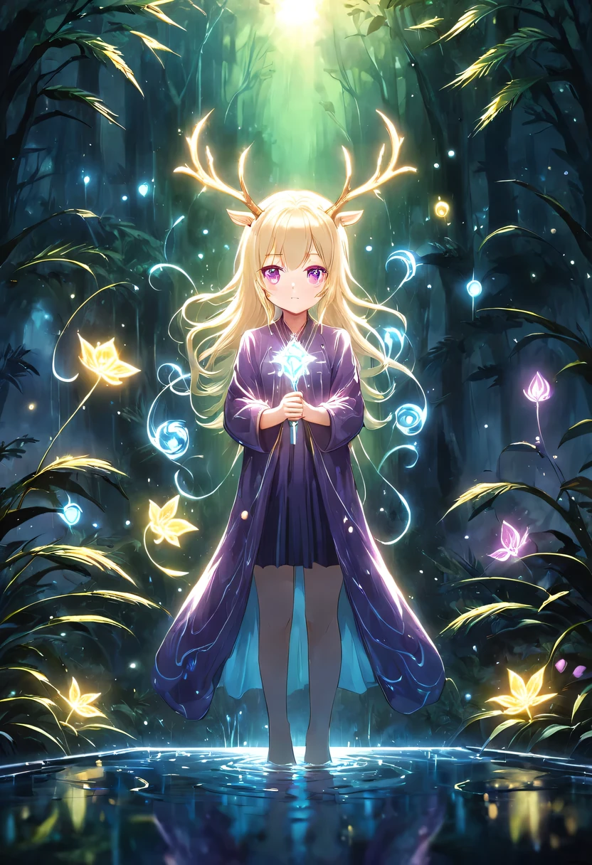 masterpiece，best quality，（Very detailed CG unified 8k wallpaper），（best quality），（Best Illustration），（best shadow），Very detailed pictures，entire character，photorealism，Surrealism，Girls casters，blonde，dark casters，Beautiful young conjurer wearing purple robe，Girl with purple eyes，beautiful figure painting，girl holding magic wand，It is decorated with unique carvings and precious stones, Represents the power and skill of the witch,Guwitz，Guwitz-style artwork，White-haired God，Yang Jian，Epic and beautiful character art，Stunning character art，Fan Qi，Wu Zhun Shifan，Guwitz on pixiv art site，Glowing Elves，There is a glowing deer，drink water in swimming pool，森林主题中的natural elements。mysterious forest，Beautiful forest，Great outdoor activities，Surrounded by flowers，精致的树叶和branch被firefly包围（natural elements），（jungle theme），（leaf），（branch），（firefly），（particle effect）and other 3D， octane rendering，Ray tracing，super detailed