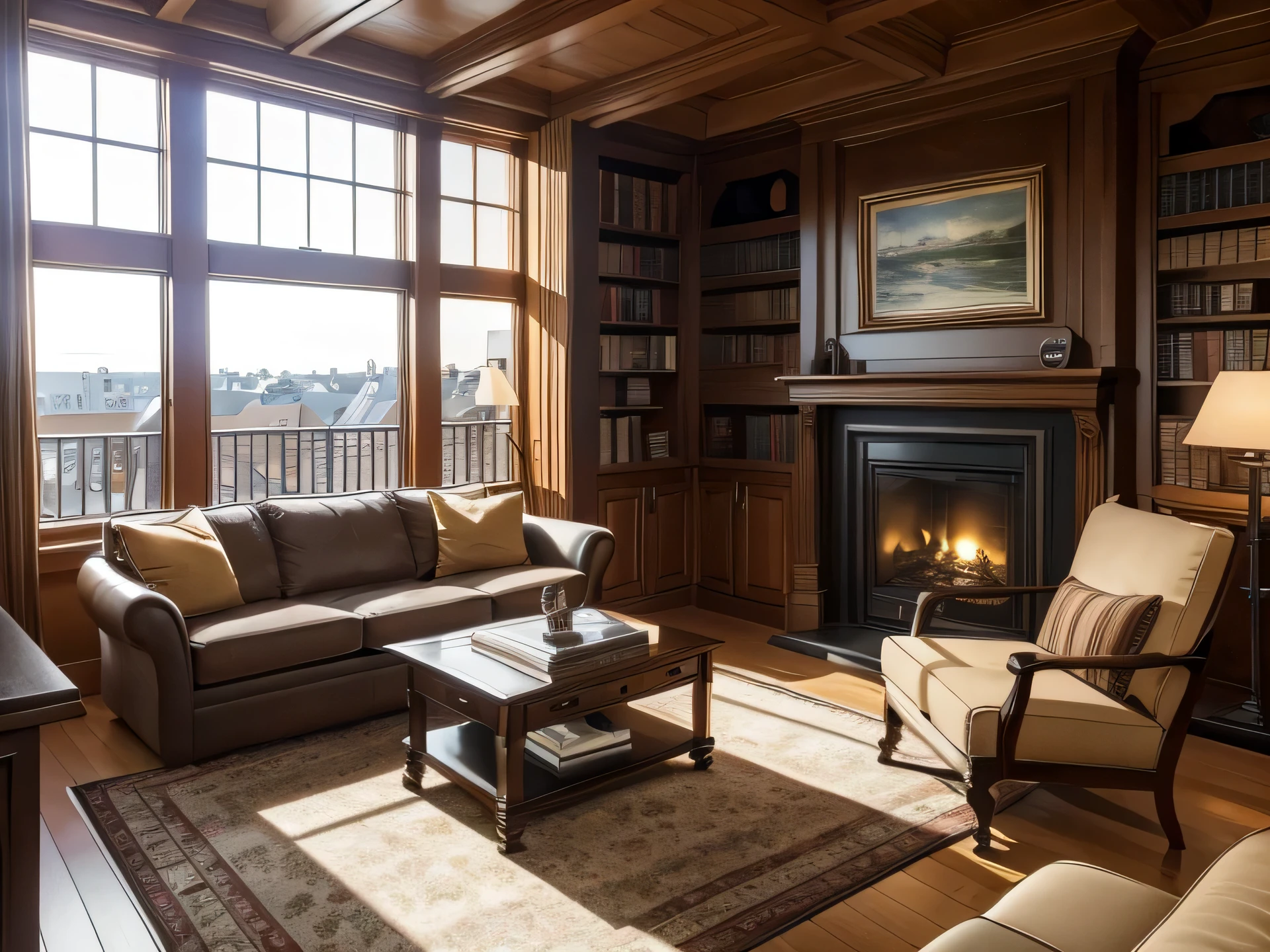 Generate a high-resolution image of the interior of a cozy study room located on the top floor of a building, com janelas, warm fireplace lighting, sofas, Poltronas, a comfortable table, and a large bookshelf filled with an extensive collection of books. Emphasize a comfortable, inviting atmosphere with attention to detail in furnishings and warm ambient lighting.