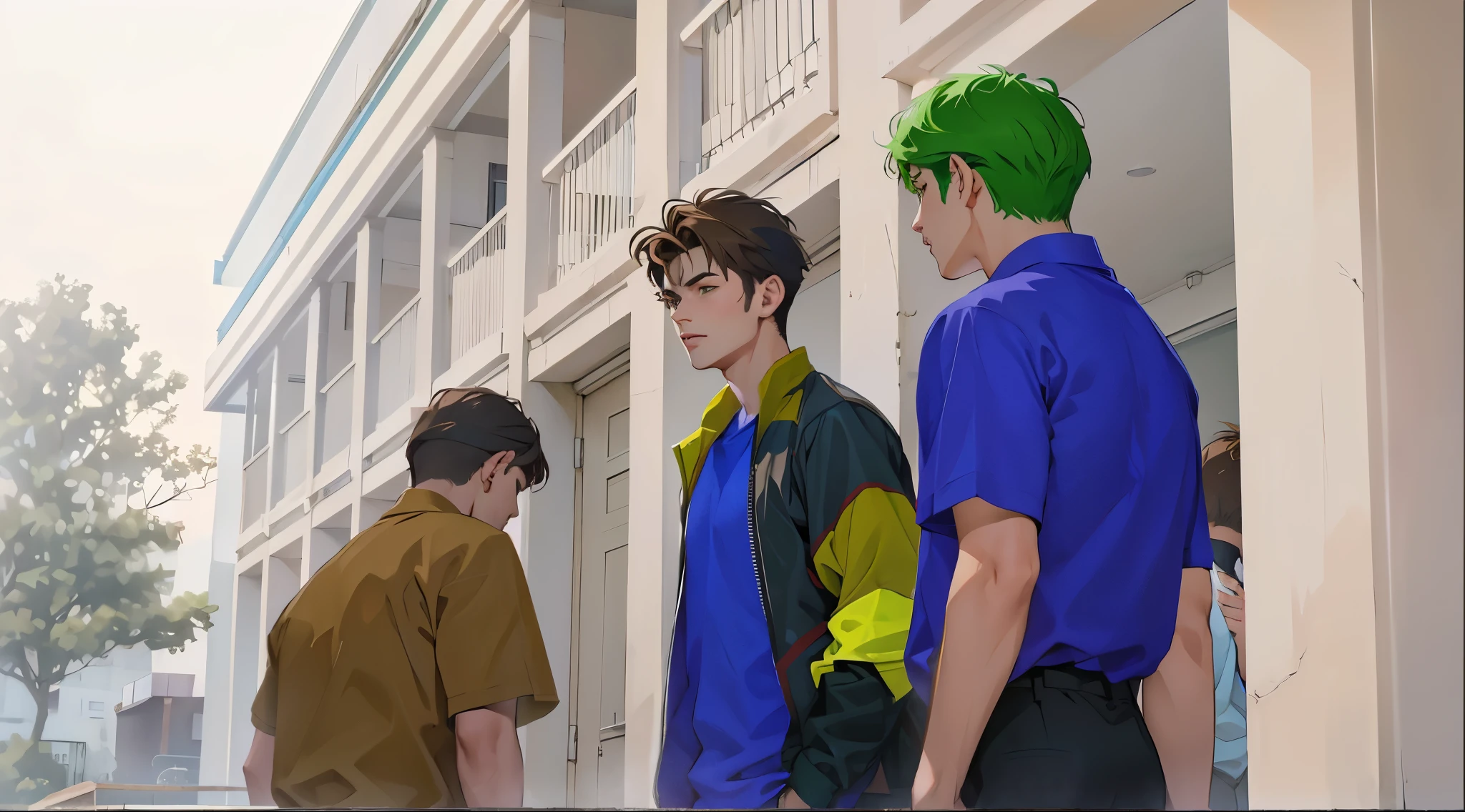 There are three handsome young men of , green and brown hair, blue clothes.