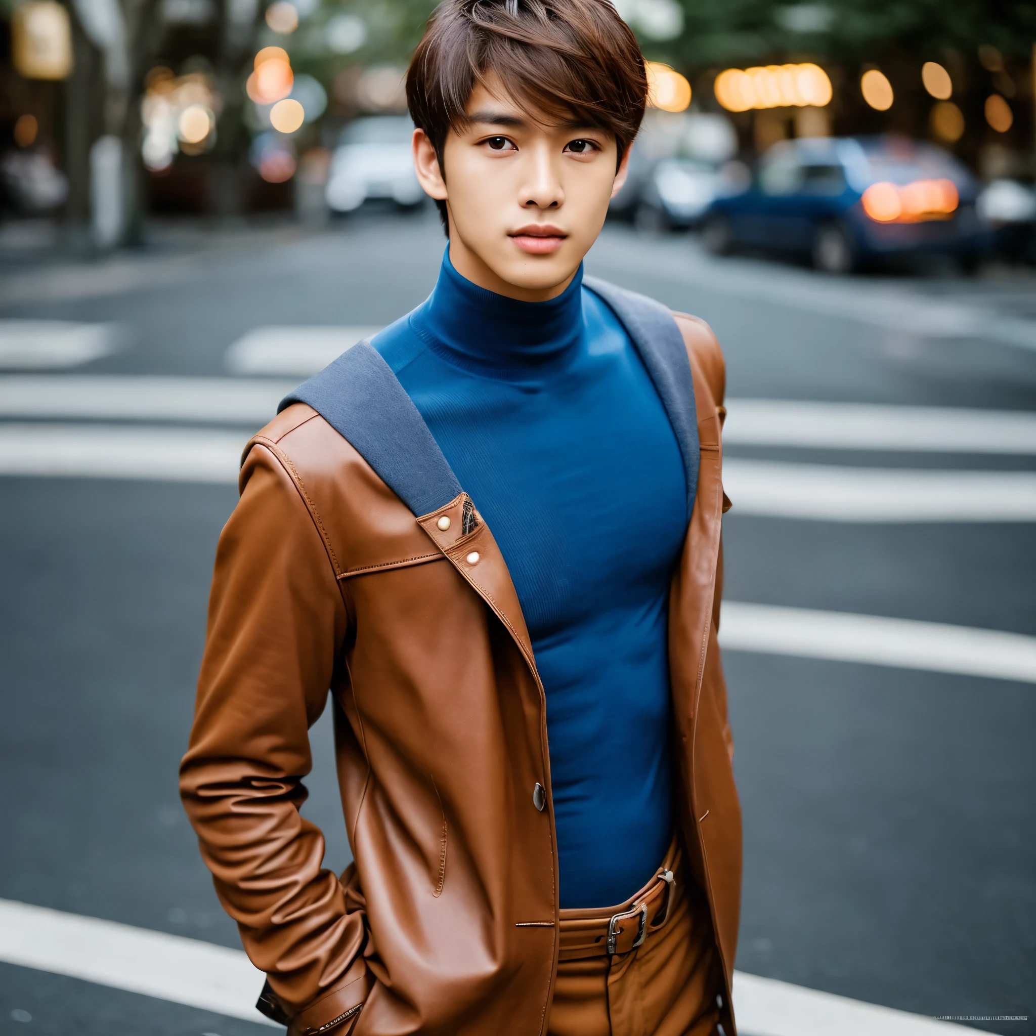 A 21 years indo-thai boy wearing turtleneck paster blue color, beigh chinos,brown boots, korean style pendent and braclet, slim, mascular, chestnut brown color wolfcut hairstyle,blue hunter eyes, sharp jawline,baby pink lips, at street standing,ultrarealistic,photoshoot